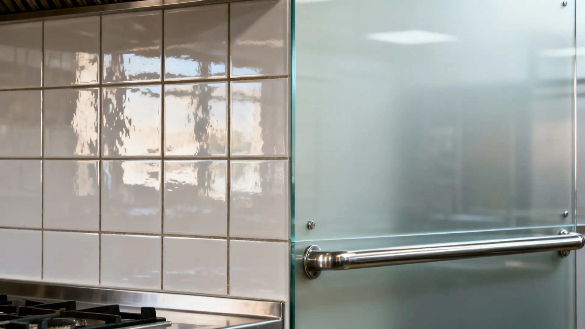 Before-and-after of tile versus matte tempered glass backsplash in a kitchen.