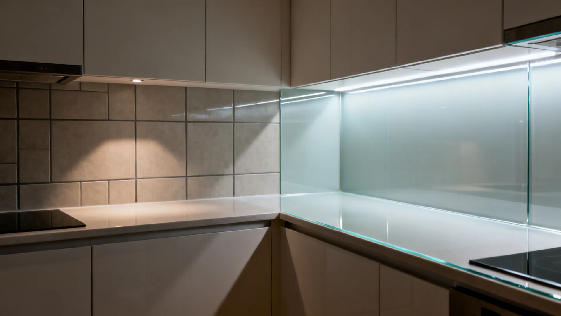 Glass backsplash for brighter, deeper sightlines