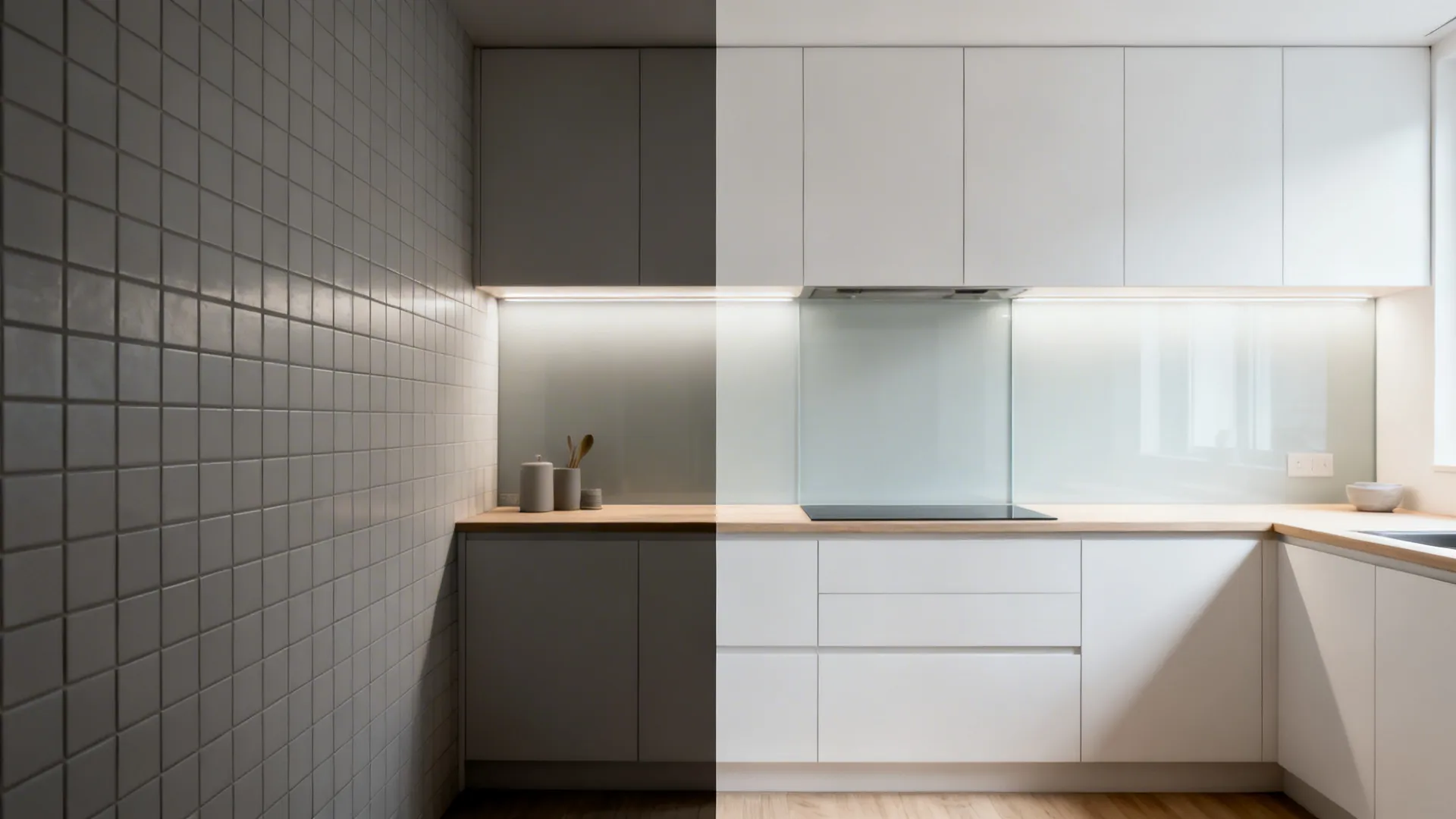 Before-and-after of a narrow kitchen wall, from tiled to seamless glass backsplash with brighter lighting.