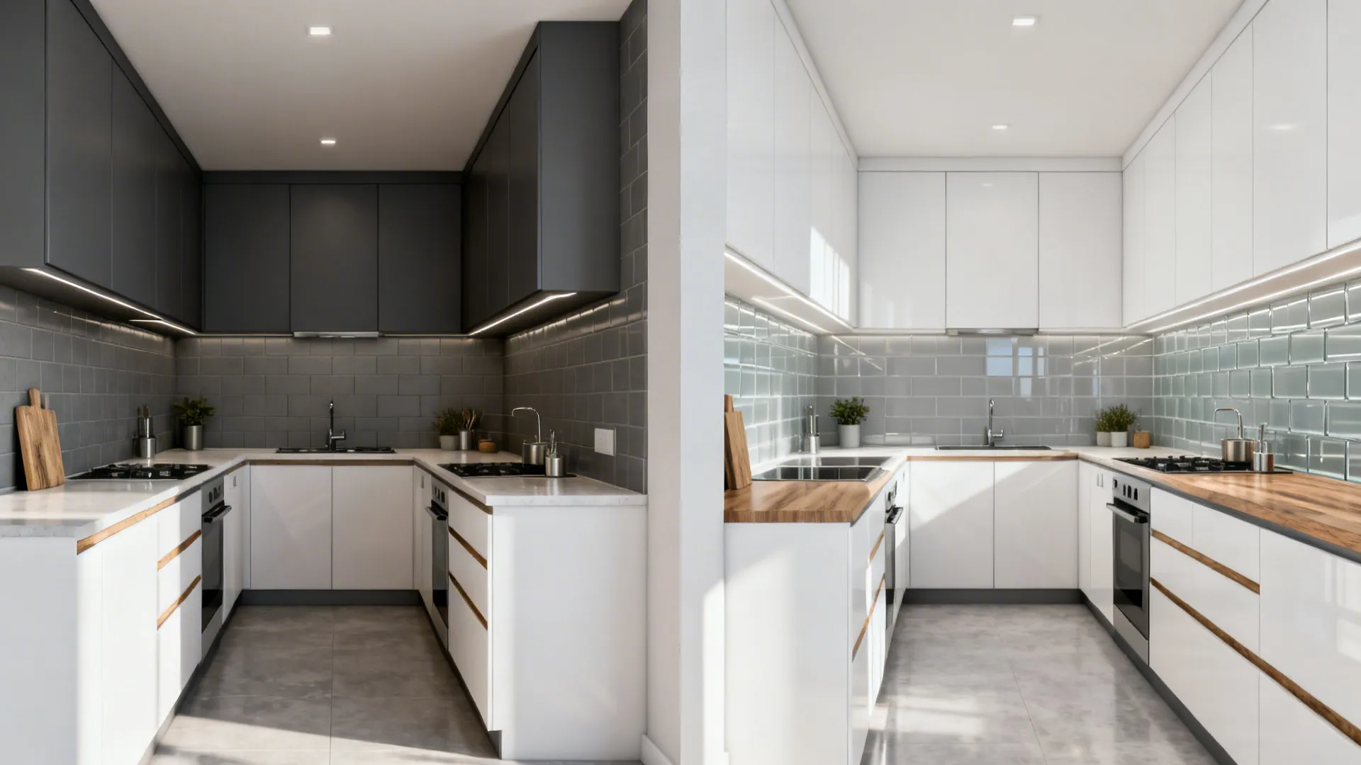 Before-and-after galley views comparing matte tile to reflective glass backsplash with shallower uppers.