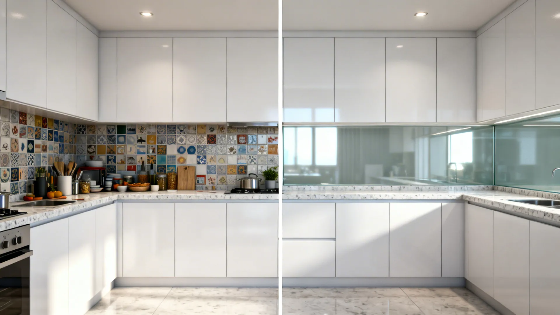 Before-and-after of a compact kitchen showing tile replaced by a seamless glass backsplash.