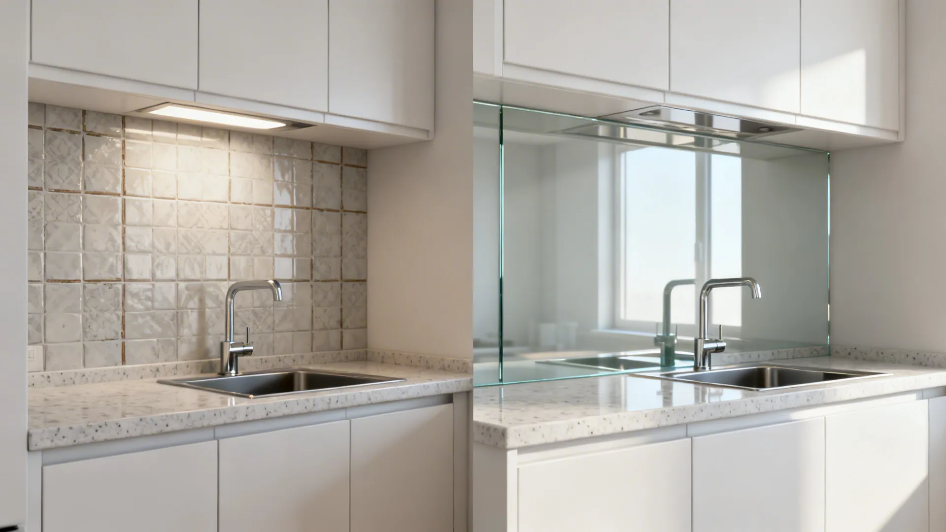 Before and after comparison of kitchen wall with old tiles versus new modern glass panel