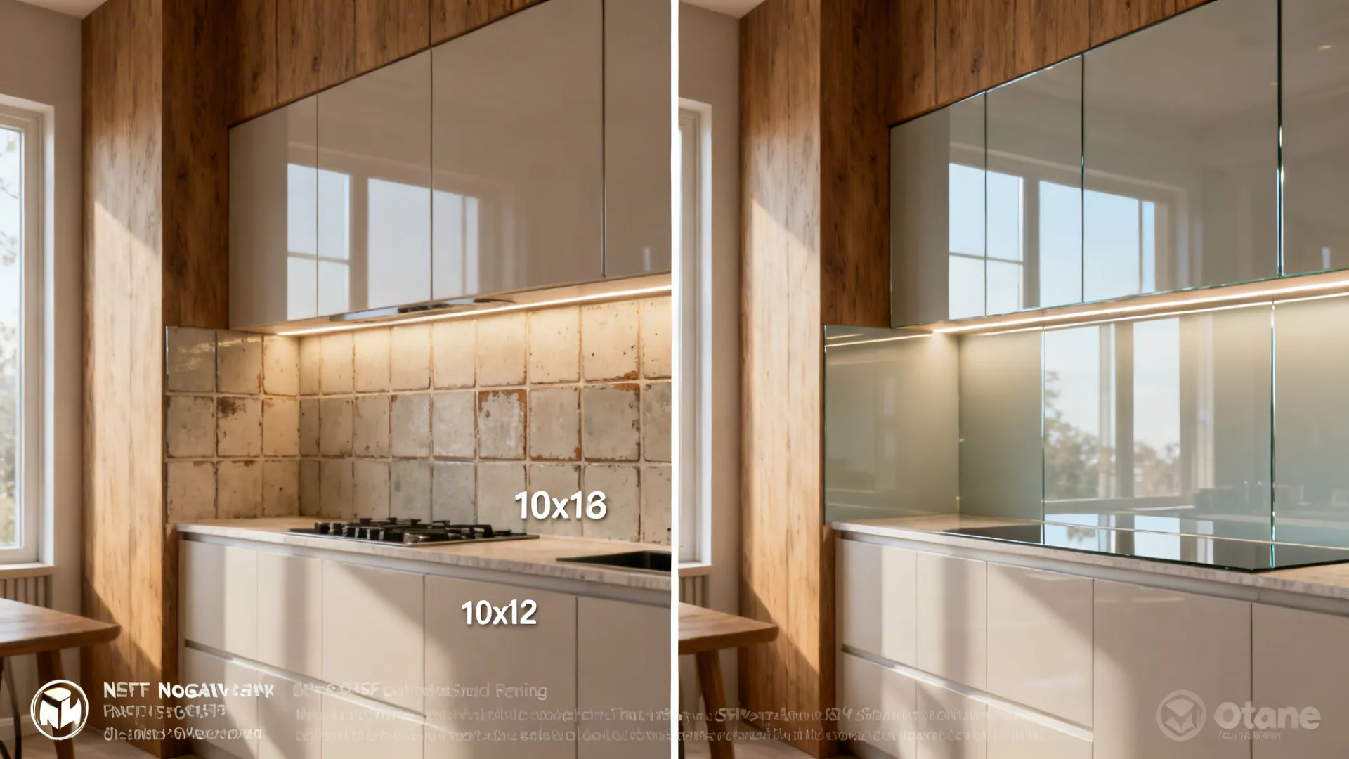 Before-and-after showing tile with grout versus seamless back-painted glass in a 10x12 kitchen.