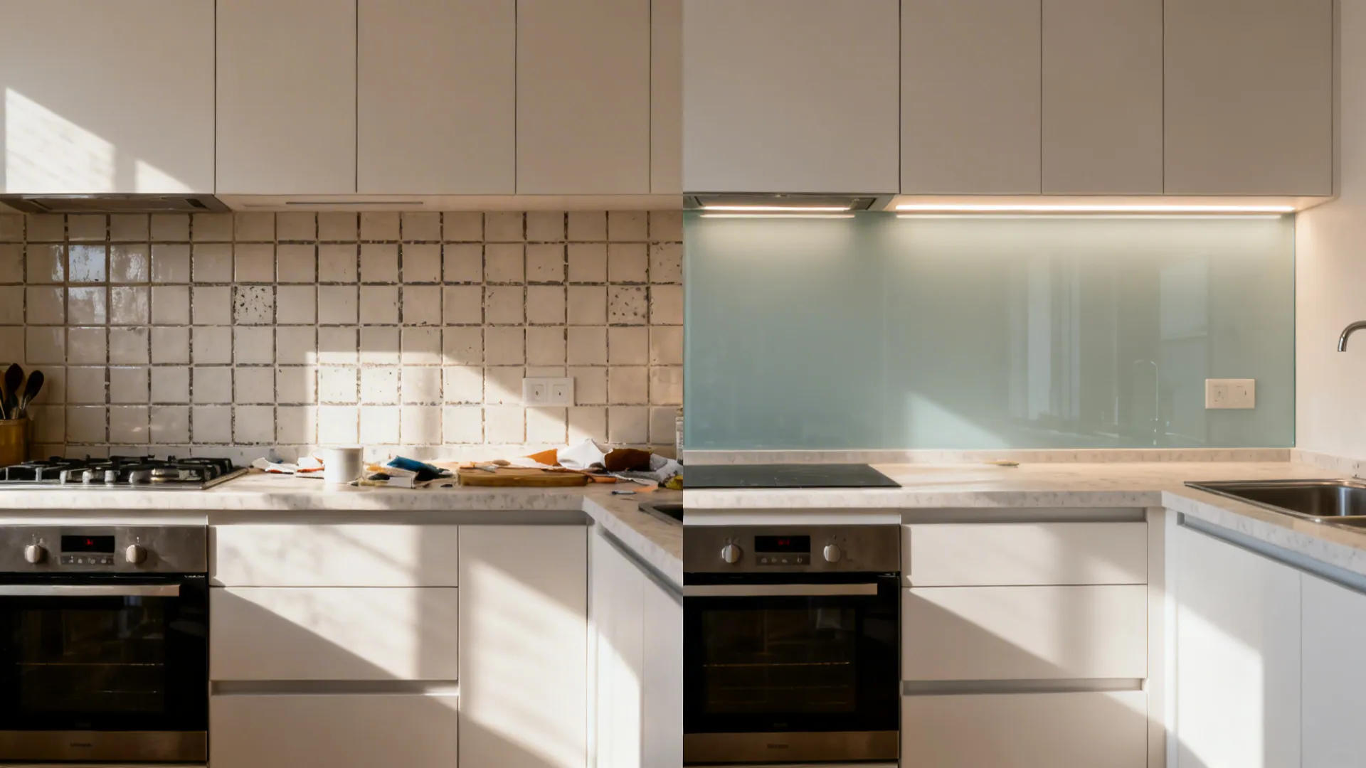 Before and after showing a tiled backsplash replaced with a seamless back-painted glass panel.