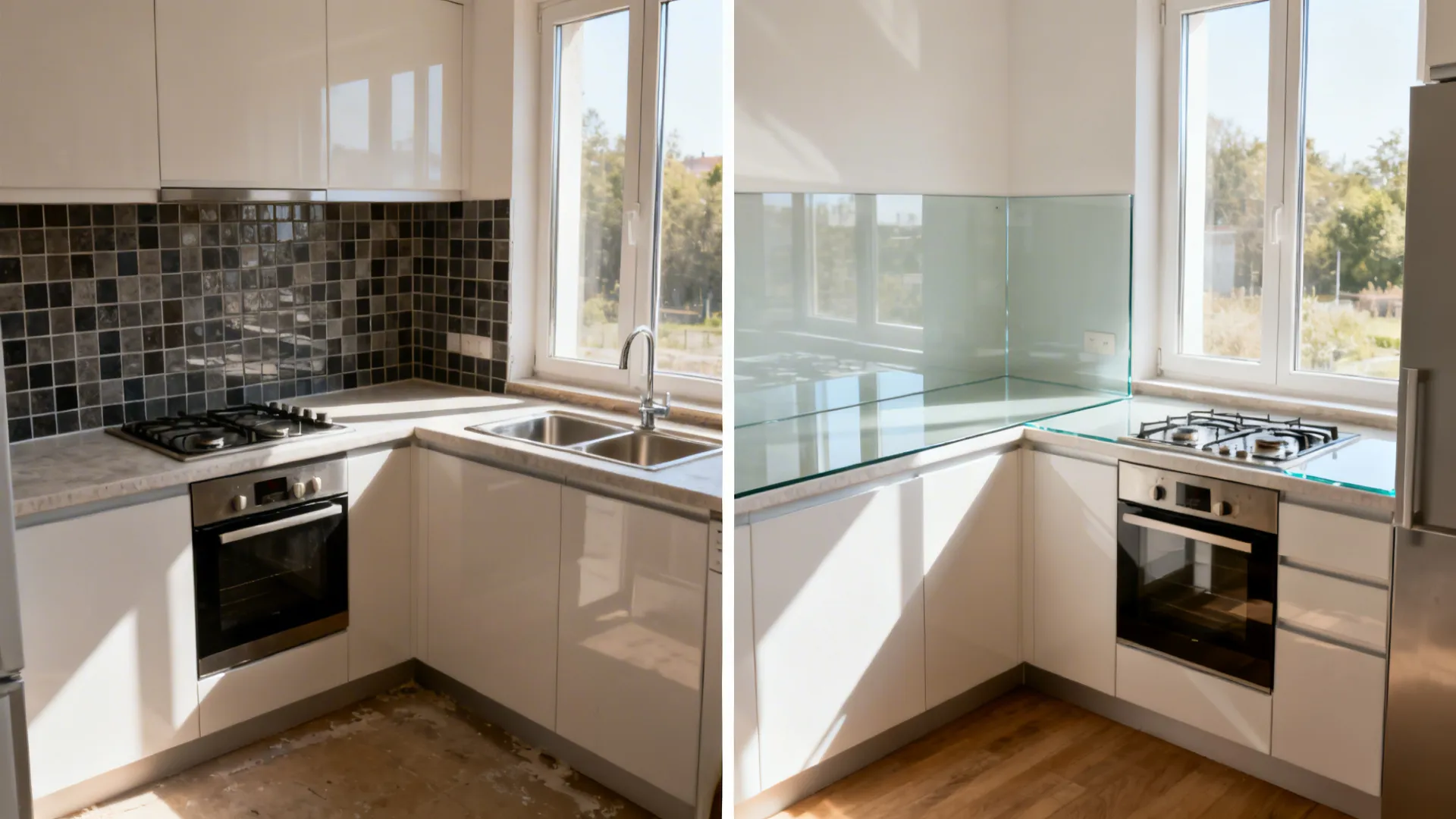Split view showing tile backsplash versus low-iron glass in the same L-shaped kitchen angle.