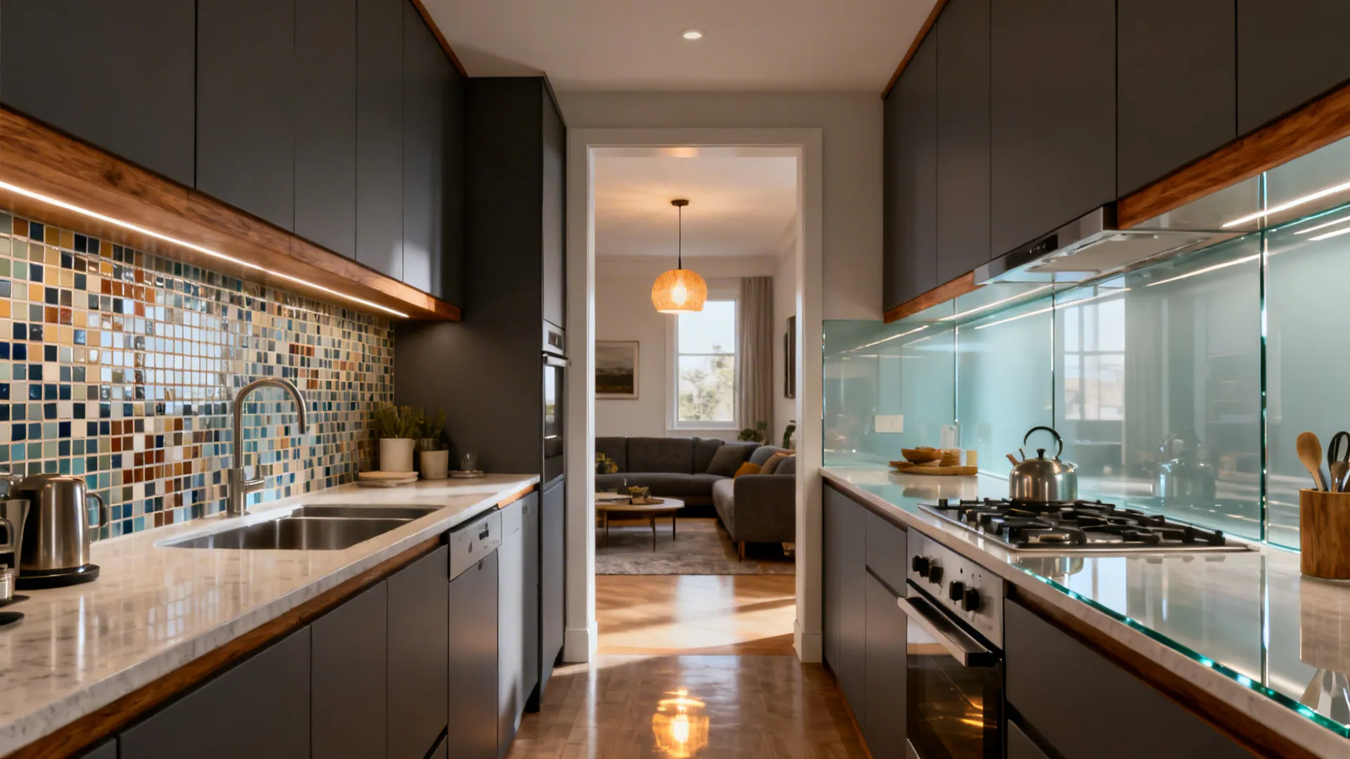 Glass backsplash for light and depth