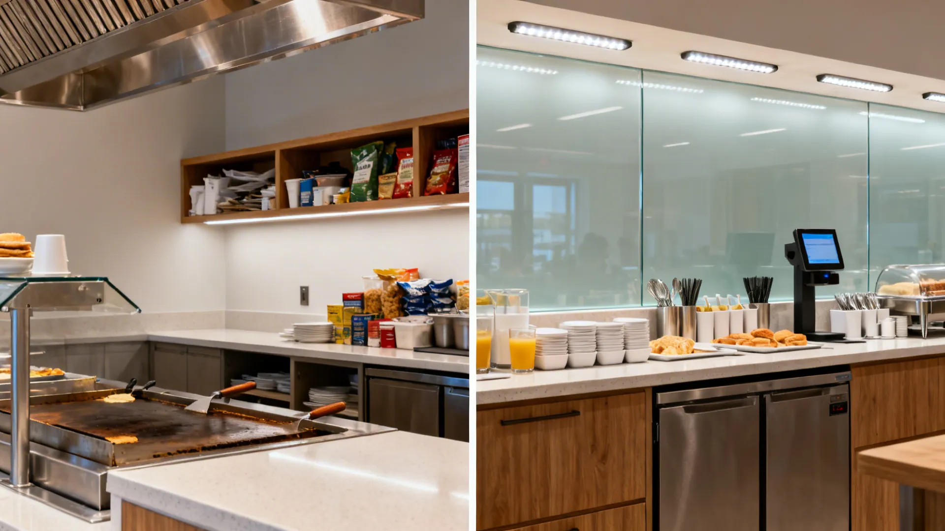 Side by side comparison of messy kitchen area versus clean organized modern professional cooking space