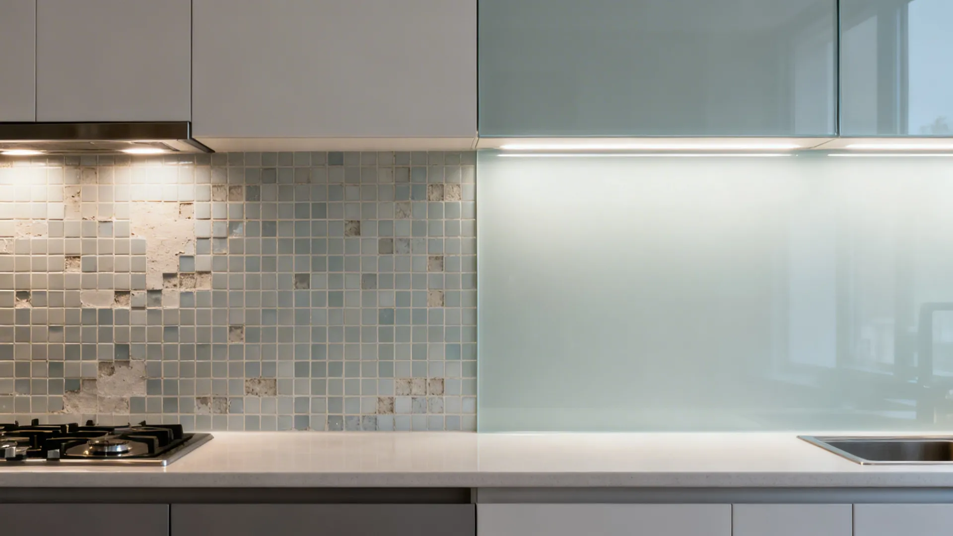 Before: tiled backsplash with grout lines; After: seamless low-iron glass reflecting soft LEDs.