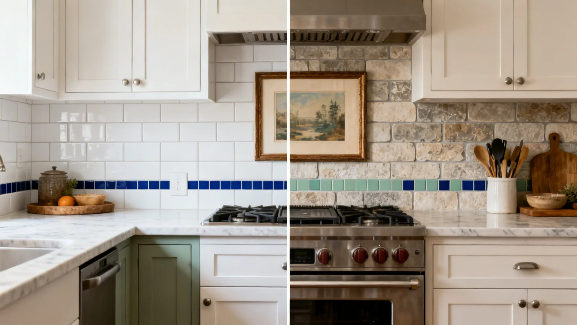 Before-and-after of a compact kitchen backsplash, from plain field tiles to curated inserts and a framed focal.