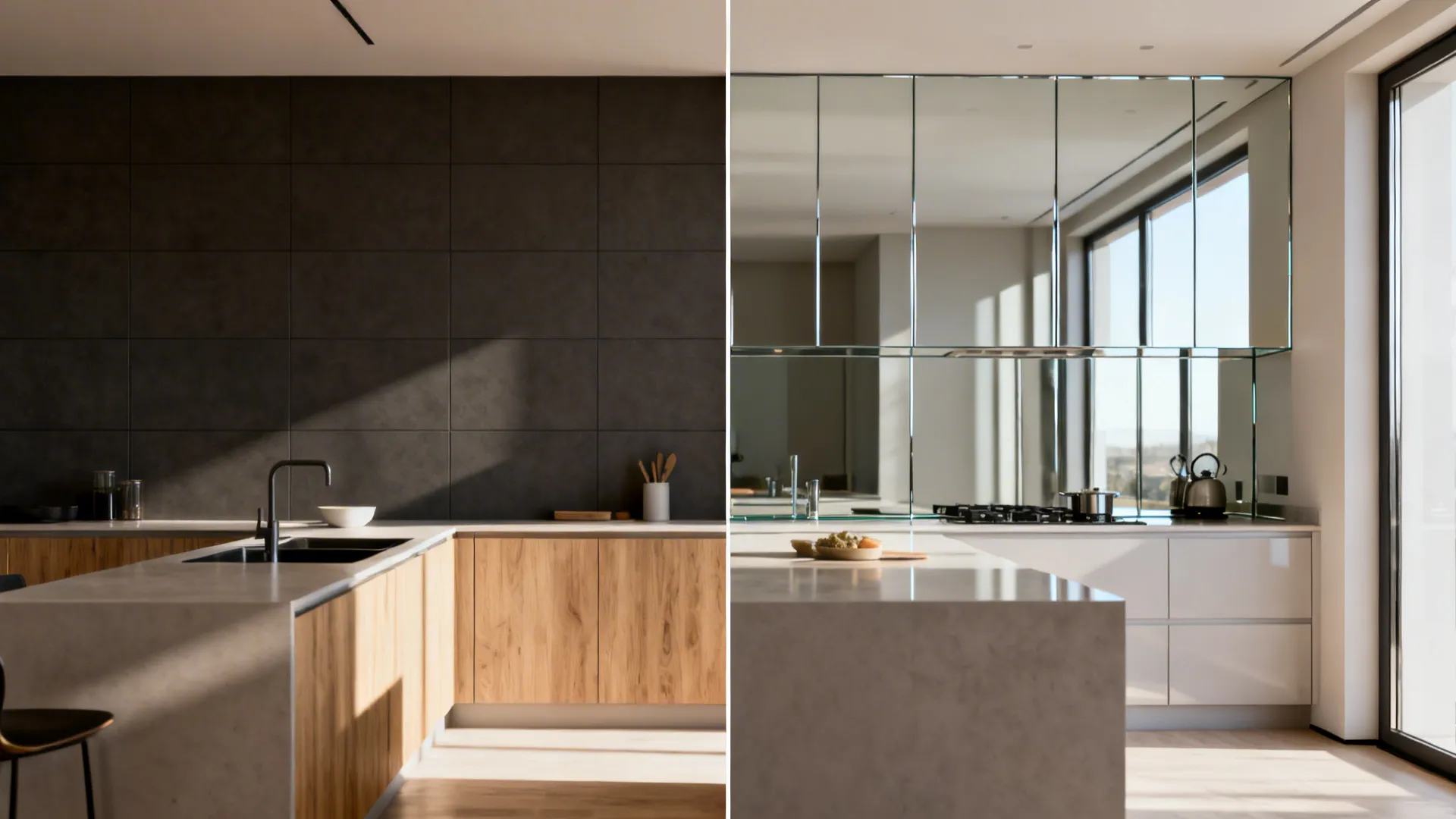 Before and after comparison showing how a glass backsplash brightens a back kitchen.