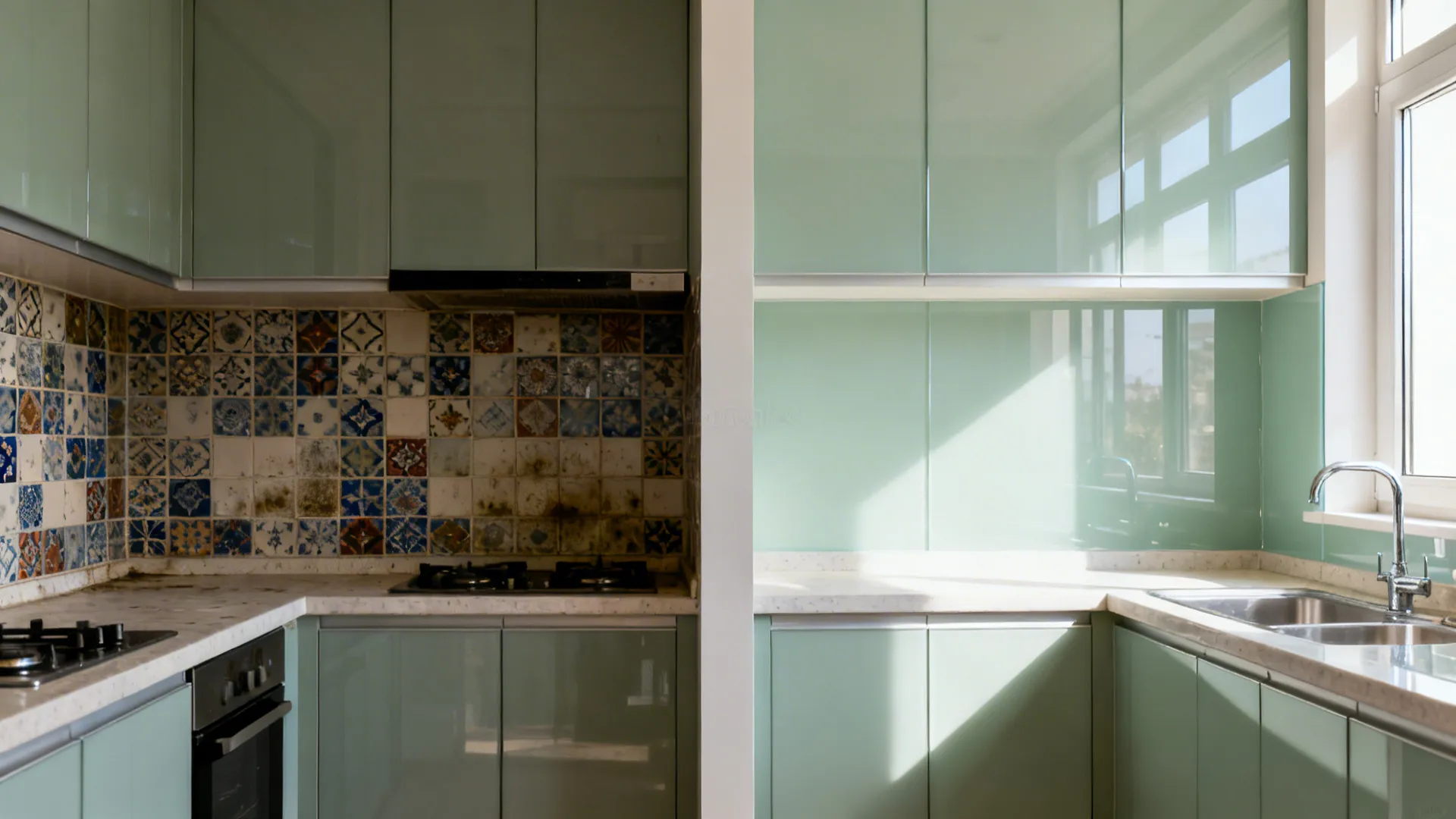 Before and after comparison showing old dirty tiles replaced with modern clean green glass panels
