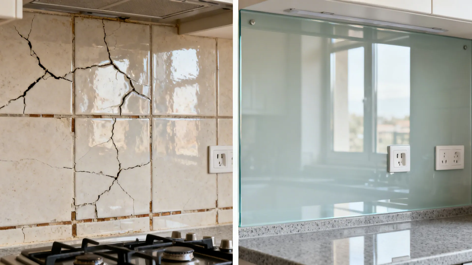 Before and after comparison of cracked old kitchen tiles versus new smooth glass wall panel