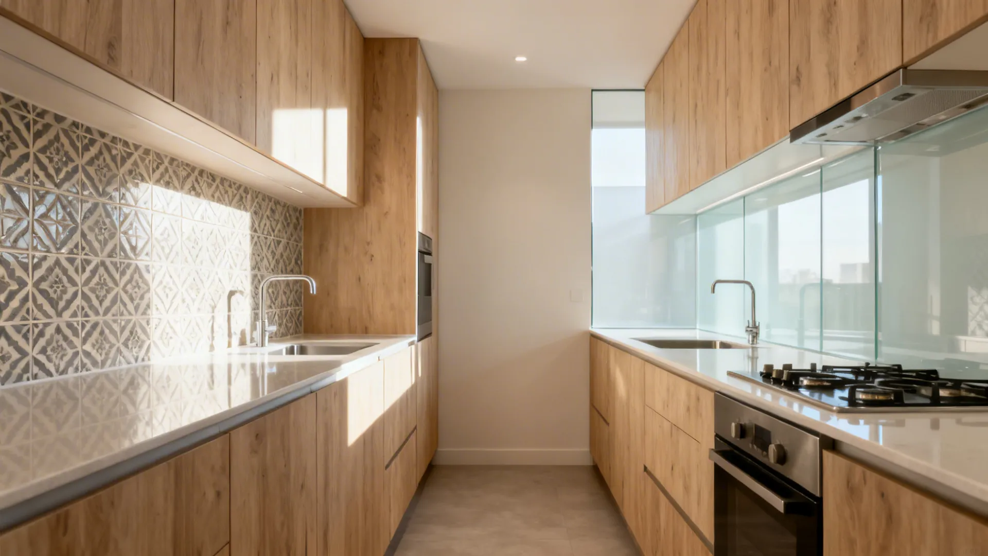 Split view comparing patterned tile versus pale glass backsplash in the same galley kitchen.