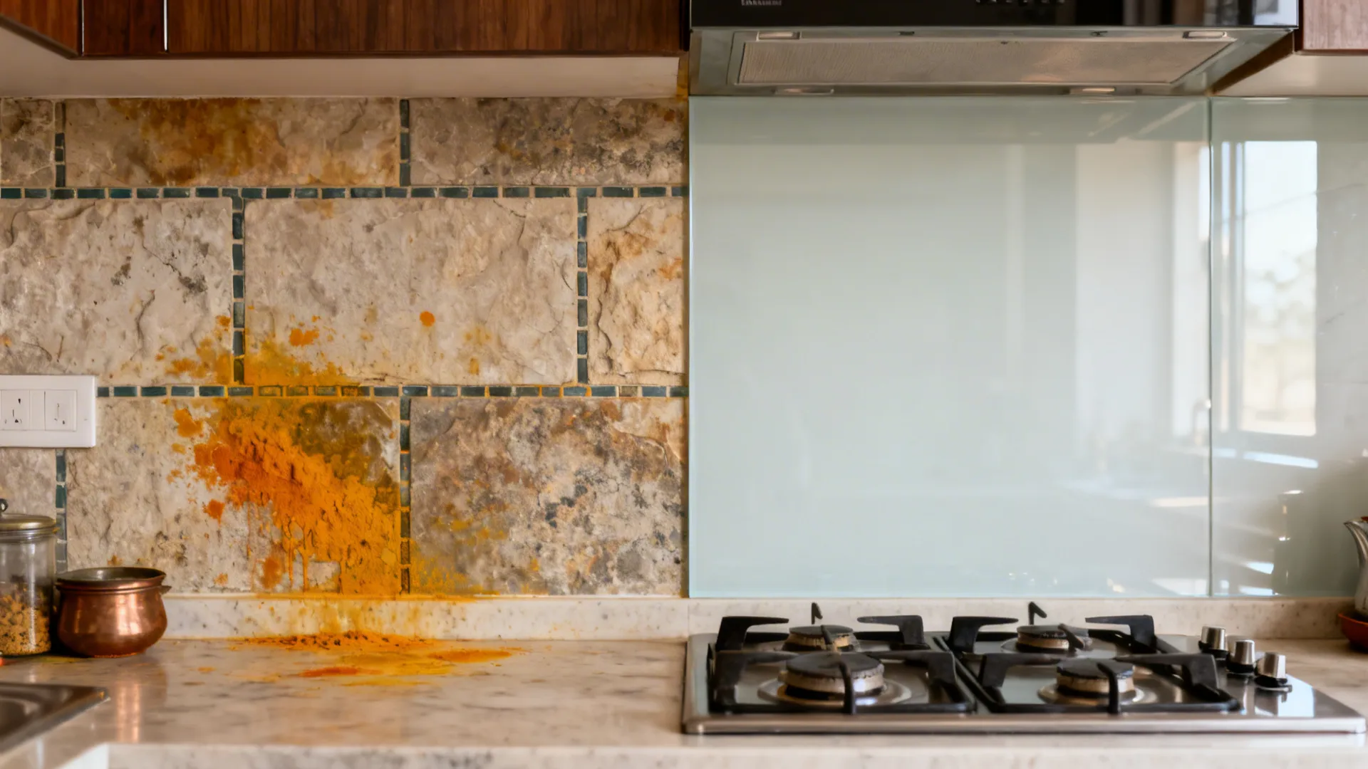 Before and after comparison of dirty stone wall versus a clean glass kitchen wall panel