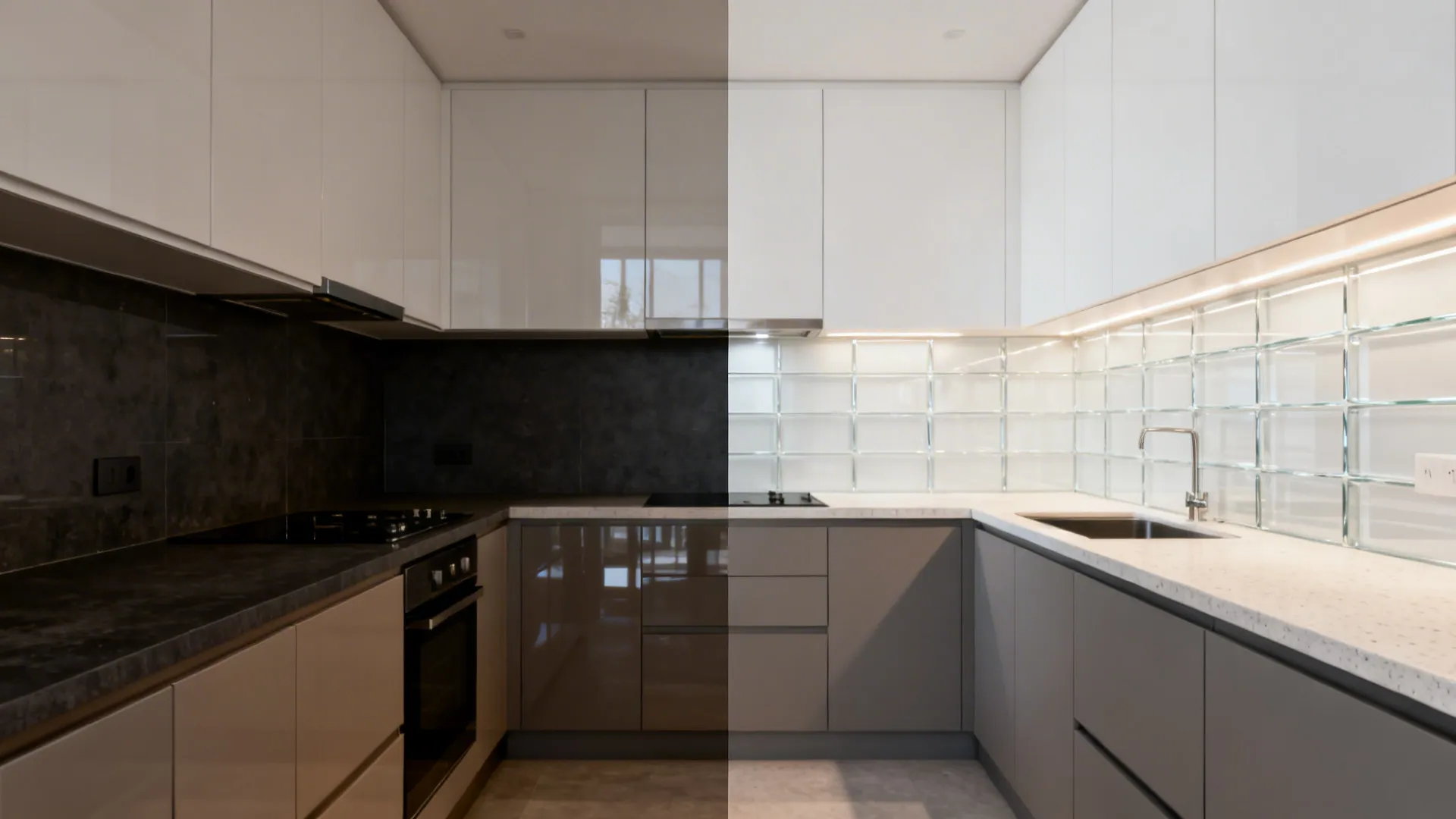 Split view showing a dark kitchen before and a brighter kitchen after a glass backsplash upgrade.