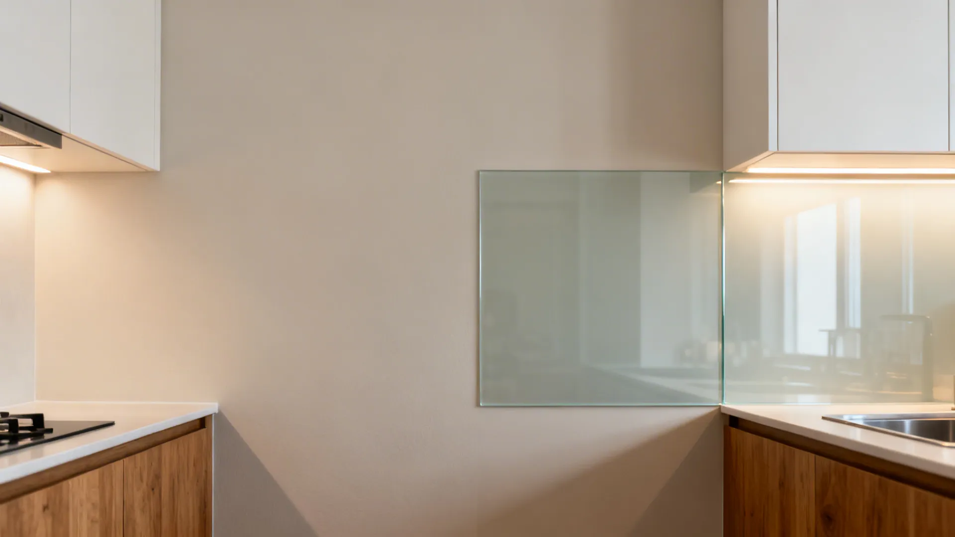 Before-and-after comparison showing added light and depth with a tempered glass backsplash.
