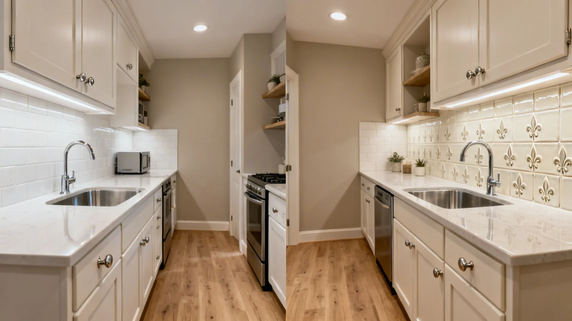 Before and after of a small kitchen showing plain backsplash upgraded to subtle fleur de lis tiles.