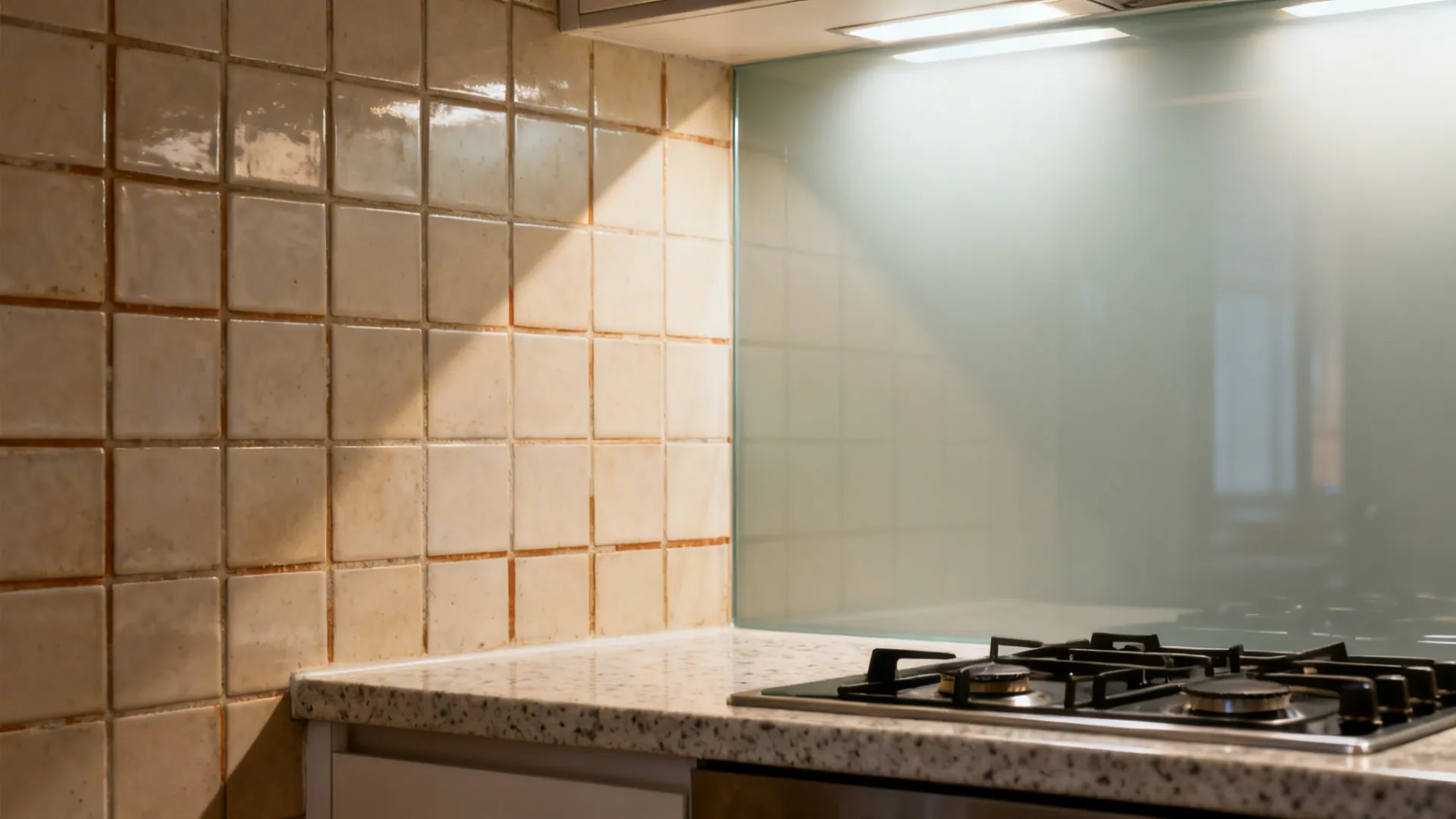 Before-and-after comparison of tiled versus tempered glass backsplash in a compact kitchen.