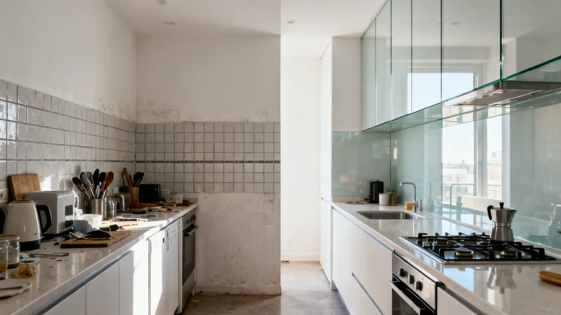 Before and after of a galley kitchen showing tile replaced by a seamless glass backsplash.