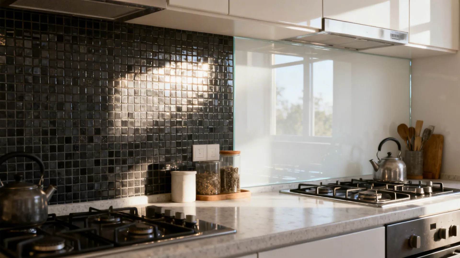 Before dark mosaic and after white glass backsplash comparison in a small kitchen.