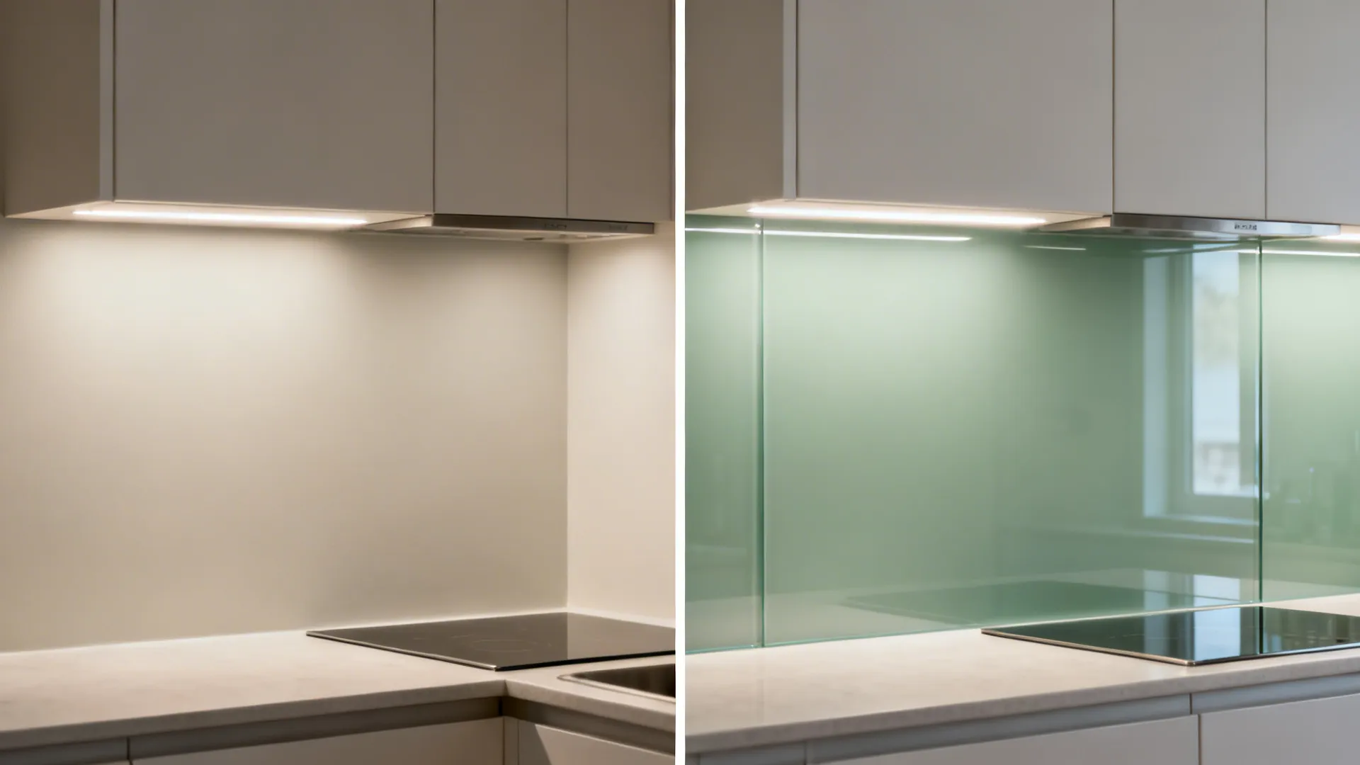 Glass backsplash for borrowed light and depth