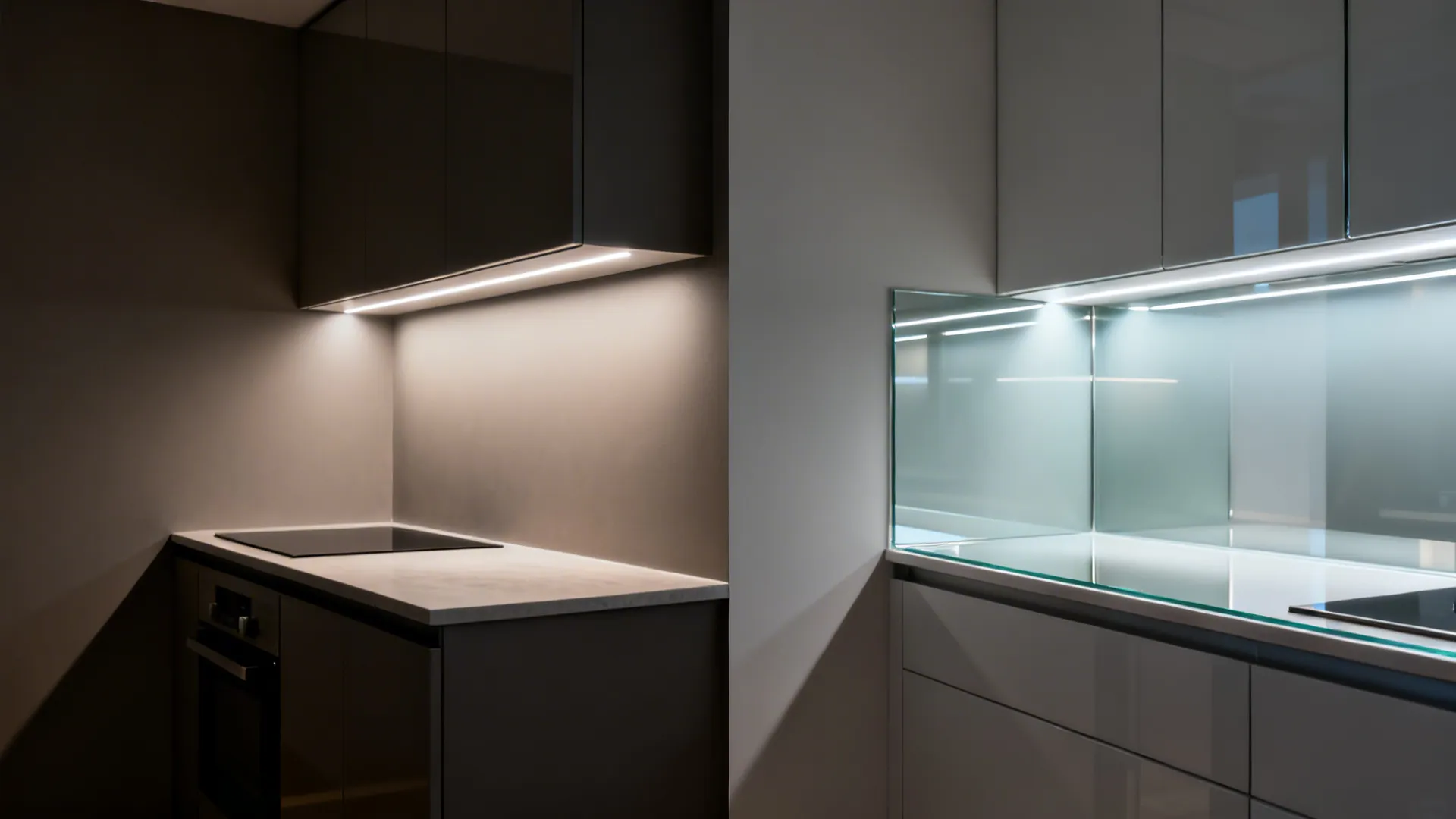Before-and-after of a compact kitchen wall upgraded to a reflective glass backsplash for more light.