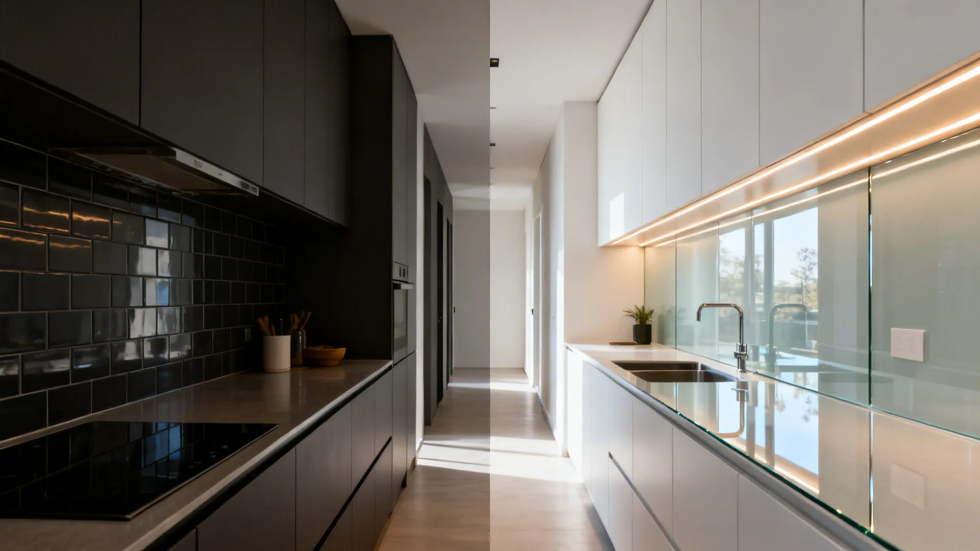 Before-and-after galley backsplash from dark tile to bright reflective glass with LEDs.