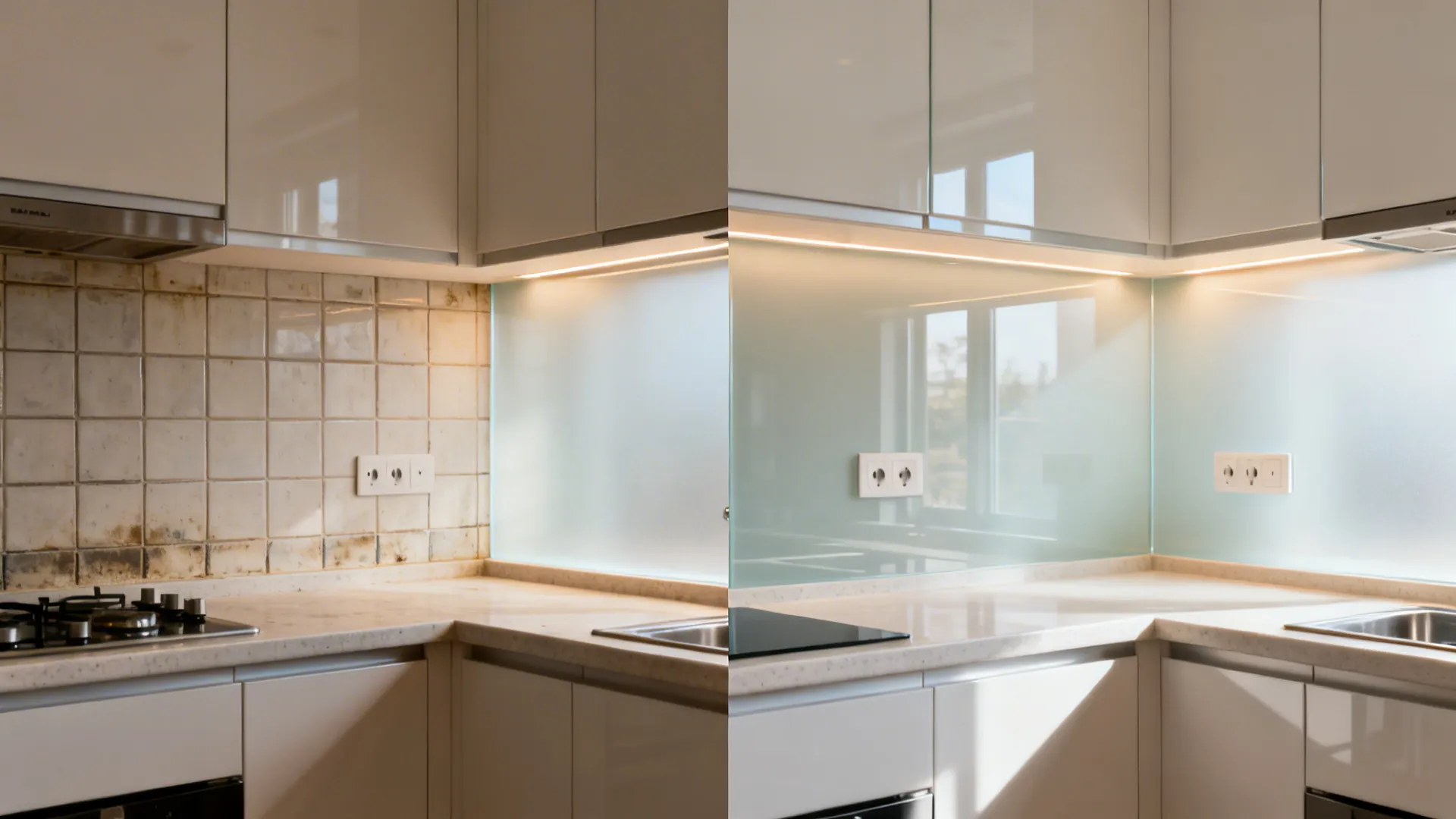 Before-and-after of a tiled backsplash replaced with seamless frosted glass in a compact kitchen.