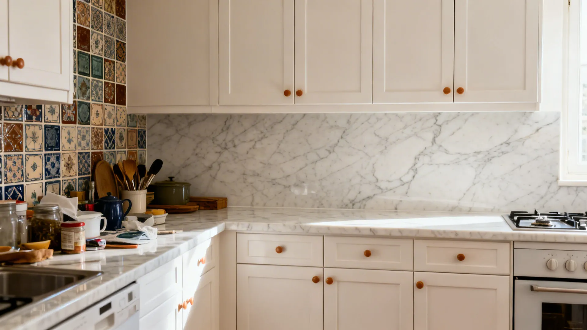 Comparison of tiled backsplash versus seamless porcelain slab in a compact kitchen.
