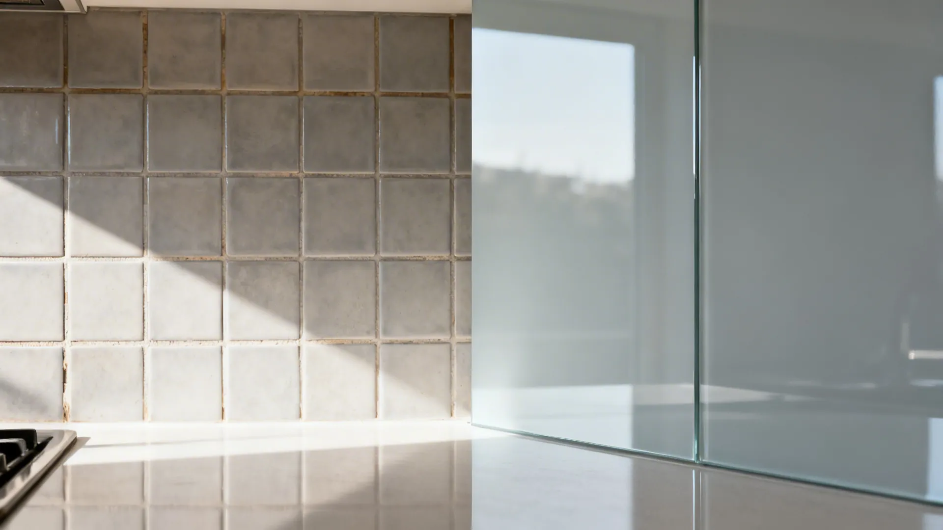 Before tiled backsplash versus after seamless soft gray glass backsplash in a small kitchen.