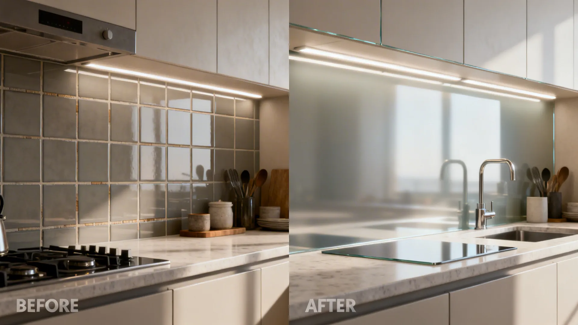 Before-and-after comparison replacing tile with satin glass backsplash to brighten a small kitchen.