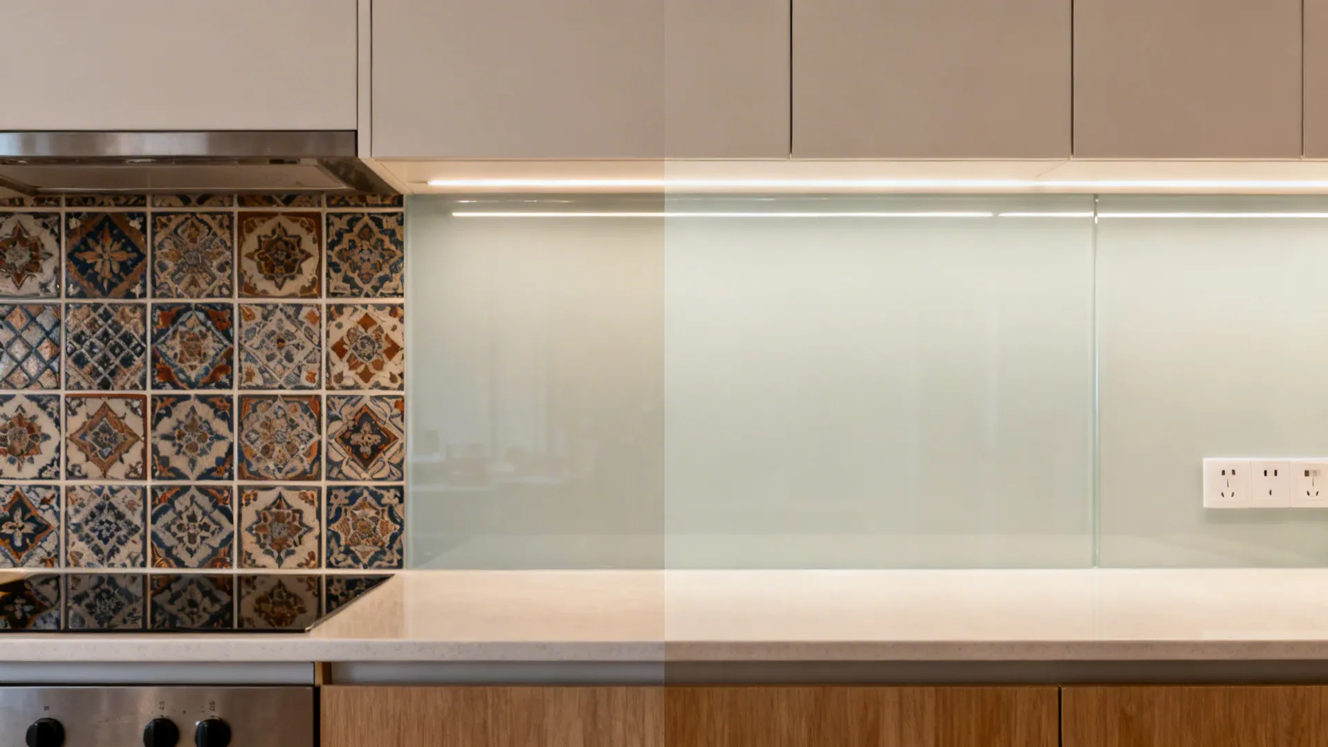 Before-and-after showing patterned tile replaced by a reflective glass backsplash that brightens the kitchen.