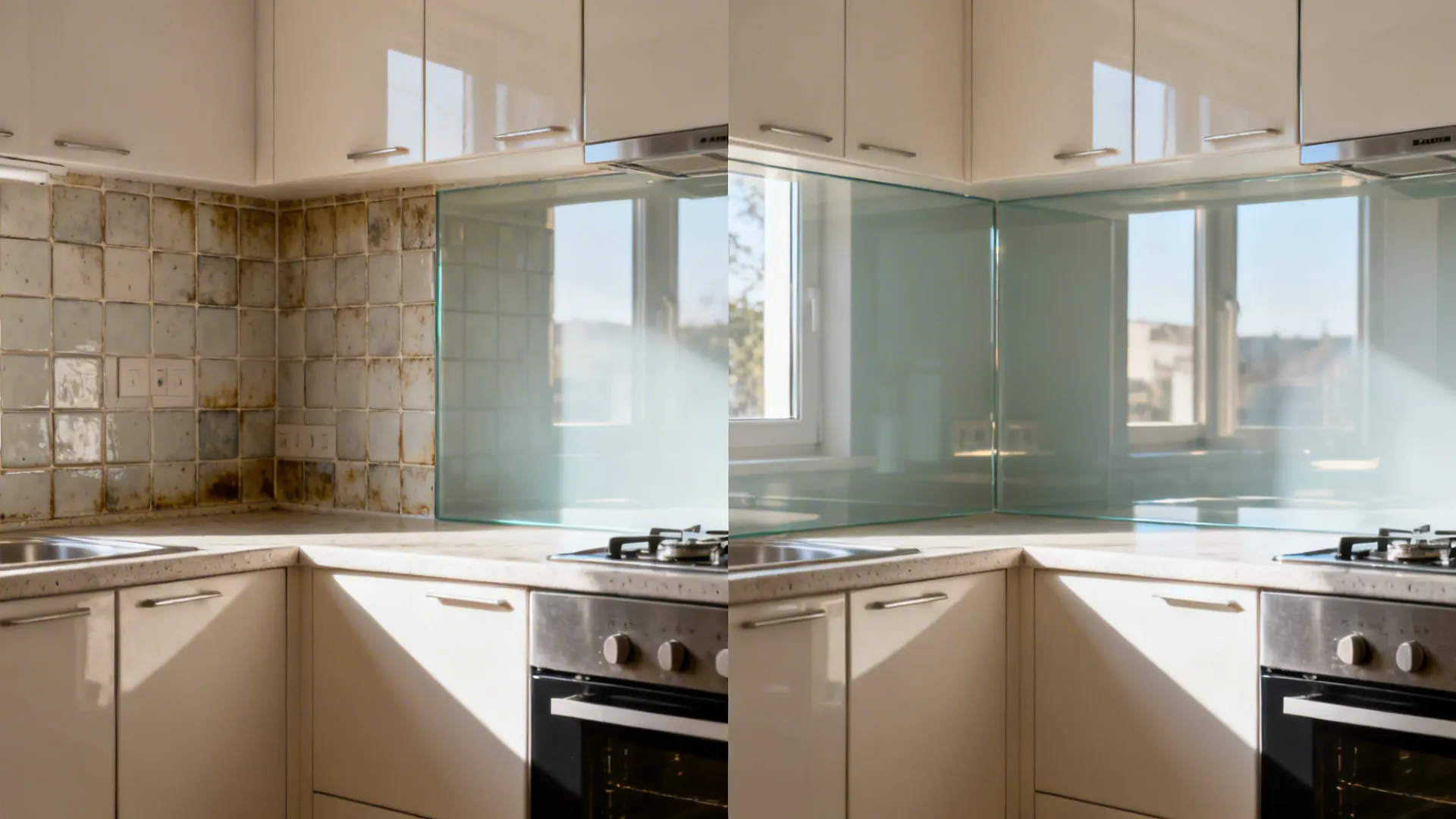 Before-and-after comparison from grout-heavy tile to seamless glass backsplash.