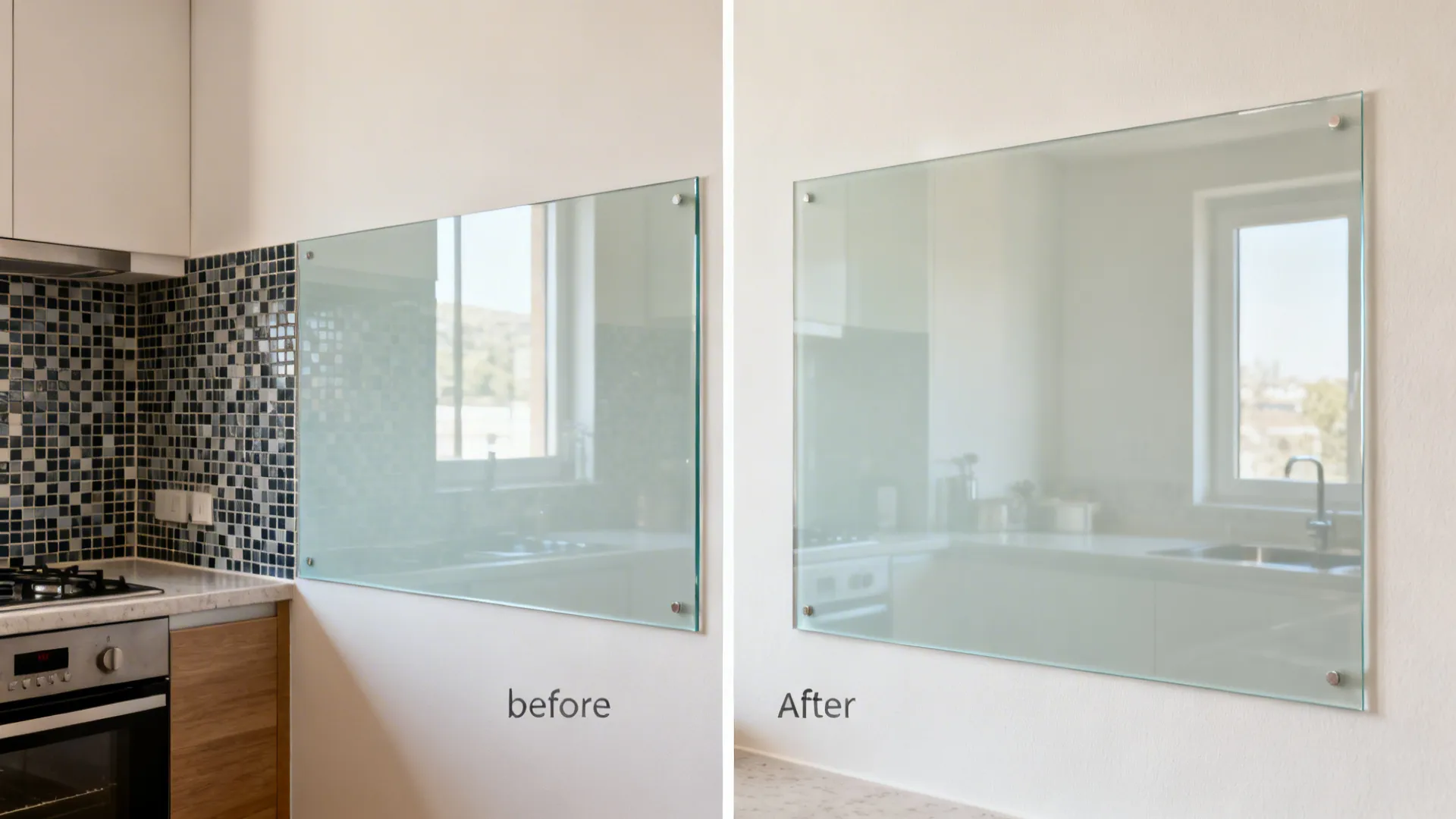 Before: mosaic tile; After: seamless low-iron glass backsplash brightening a small kitchen.