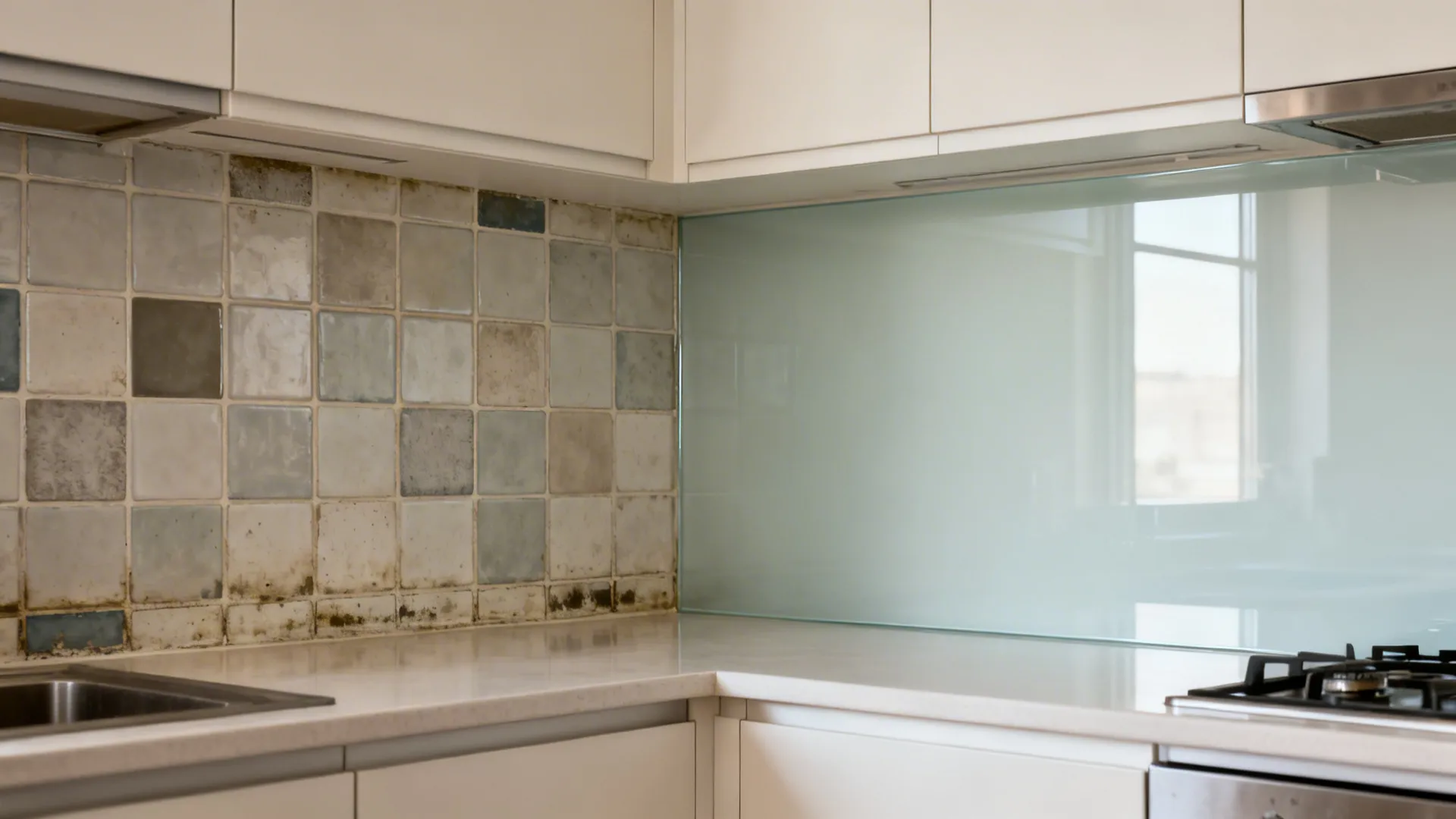 Before-and-after comparison of tiled backsplash versus seamless glass panel.