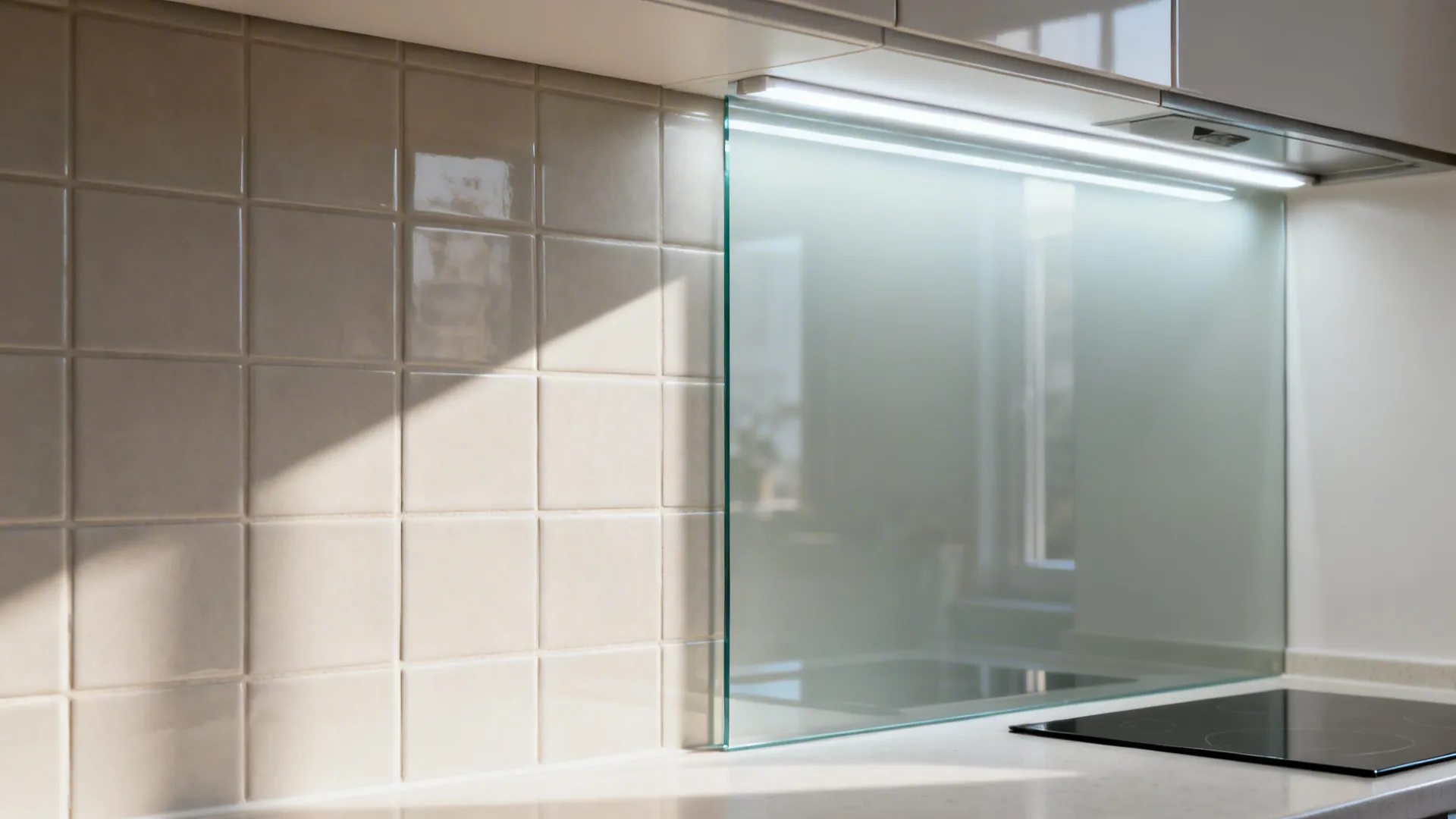 Before-and-after comparison showing tile replaced by a clear glass backsplash with brighter results.