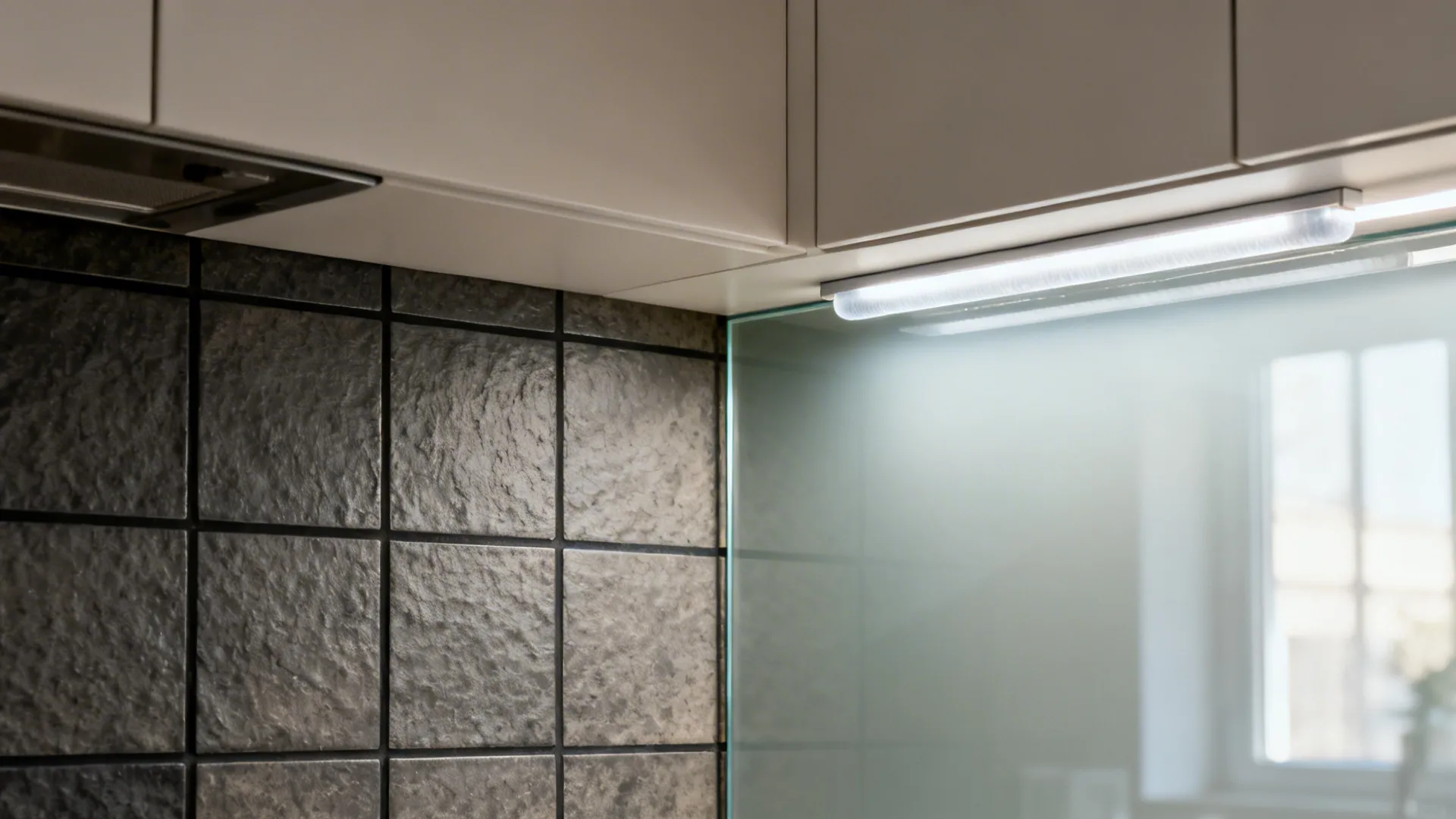 Split view showing dark tiled backsplash replaced by seamless low-iron glass that brightens a compact kitchen.