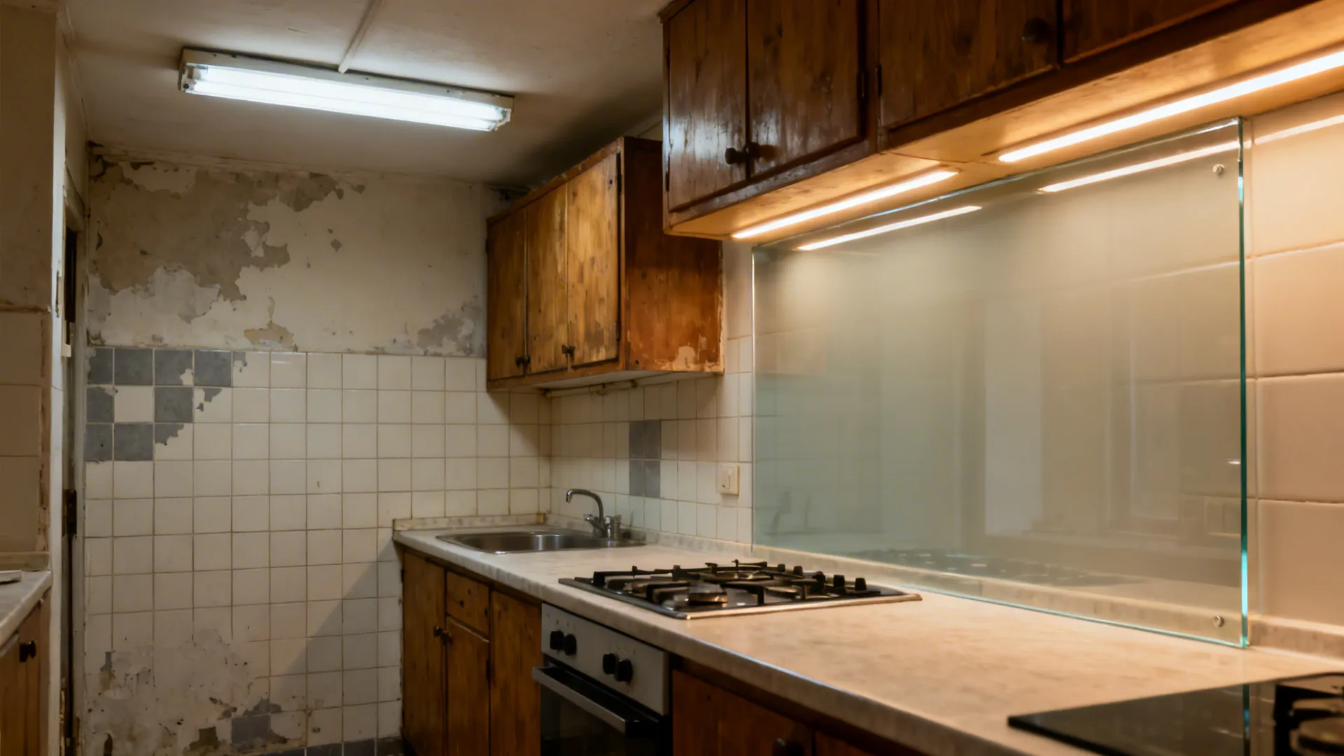 Split view compares tiled backsplash to seamless glass panel in the same small kitchen.