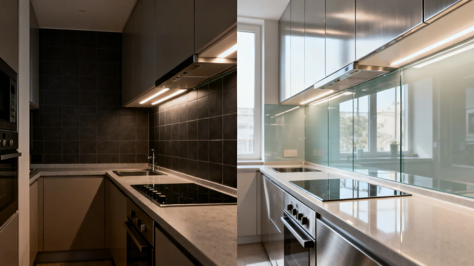 Before and after comparison showing glass backsplash and satin fronts brightening a small kitchen.