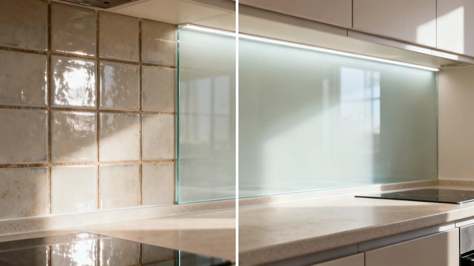 Before-and-after comparison from tiled backsplash to seamless tempered glass in a compact kitchen.
