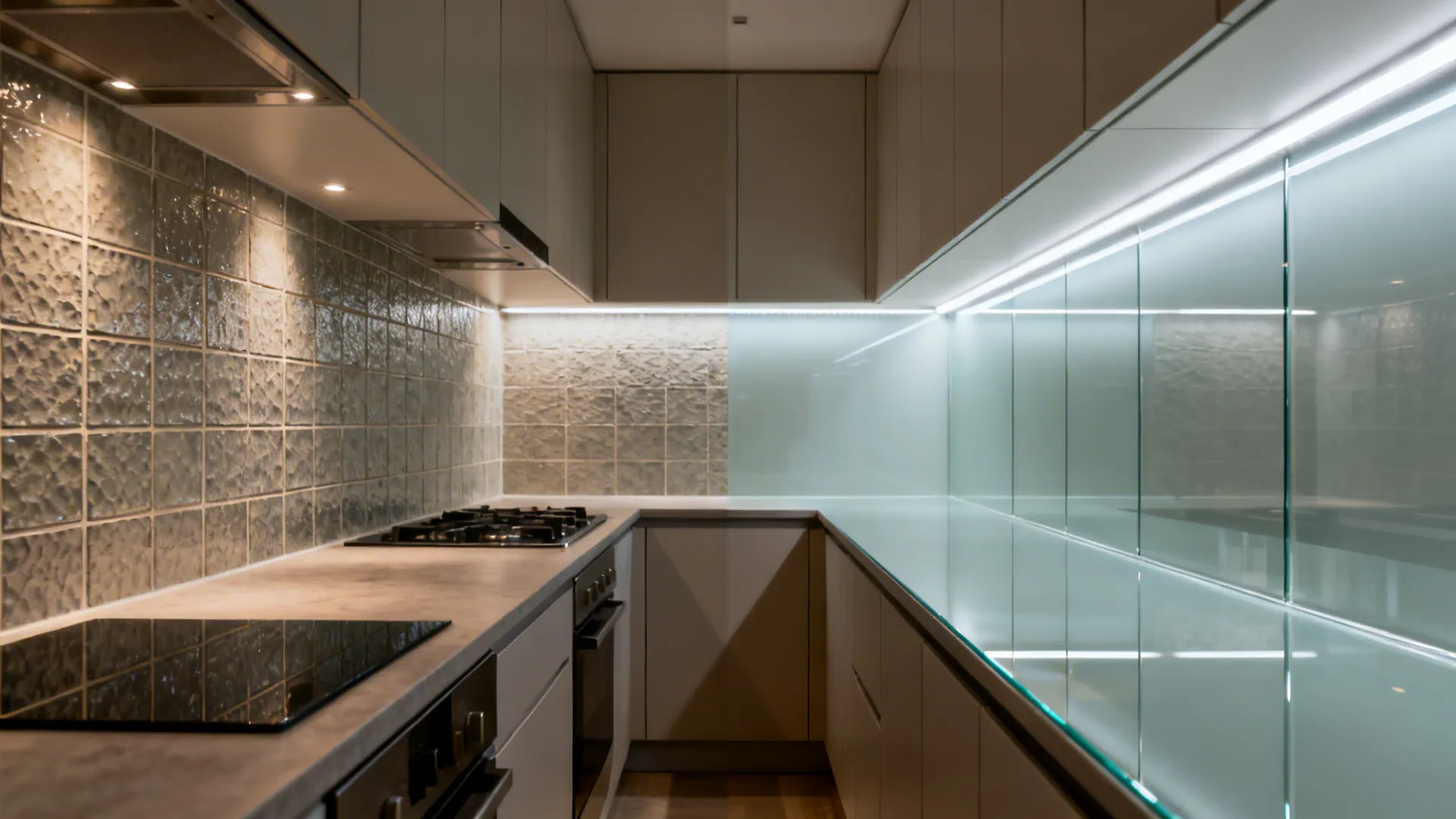 Before and after comparison of textured wall tiles versus a smooth glass kitchen wall finish