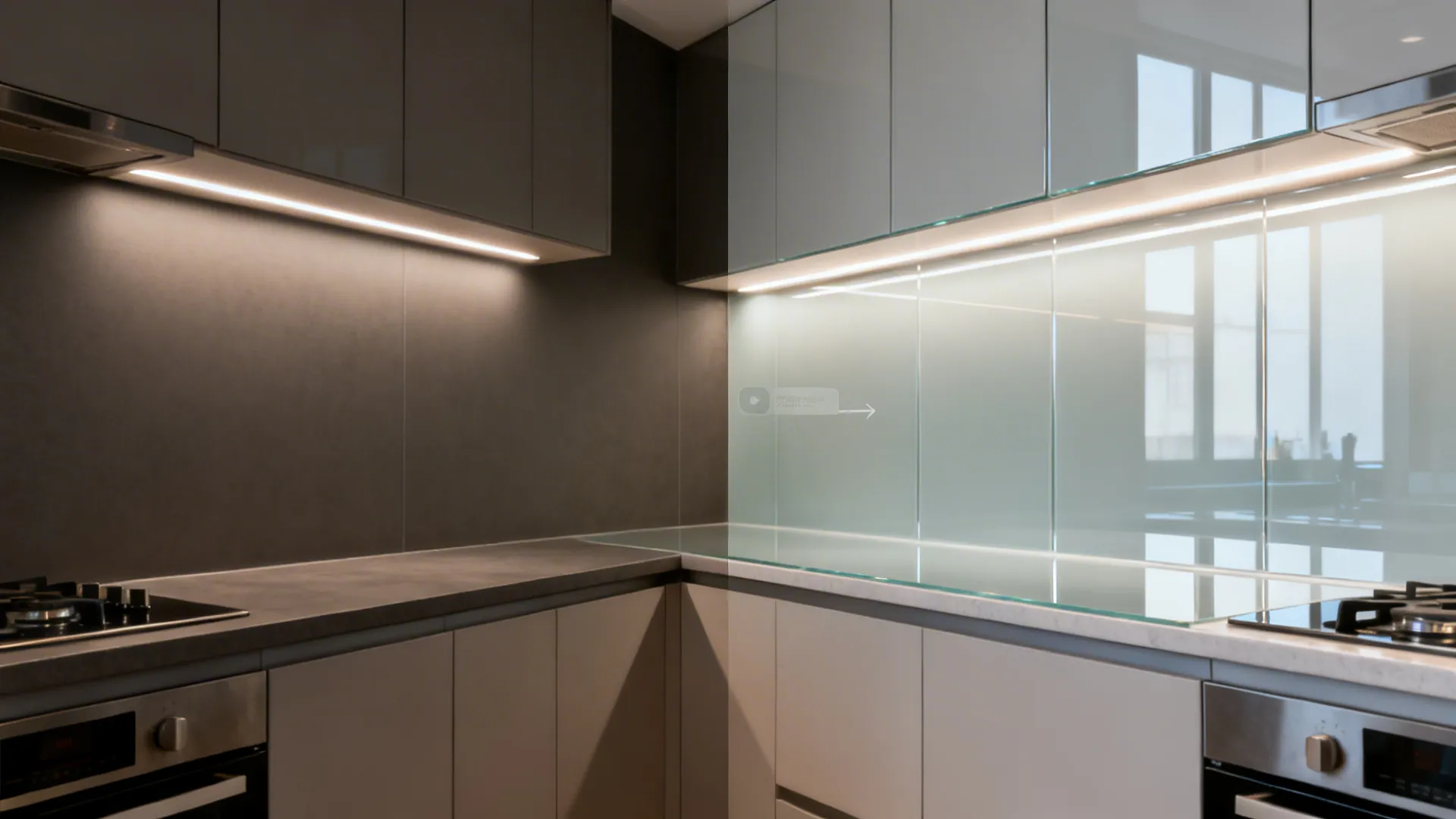 Before-and-after showing dull backsplash versus glossy glass with brighter reflections.