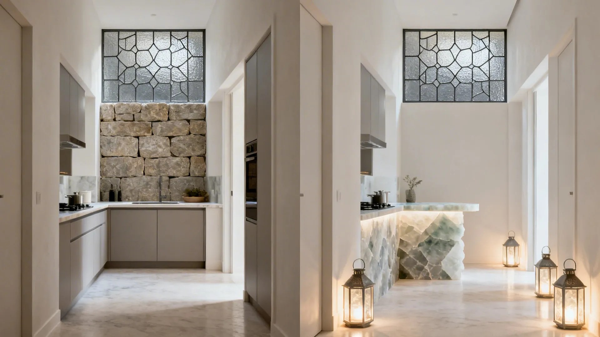 Before-and-after comparison replacing a stone wall with a softly lit glass backsplash.