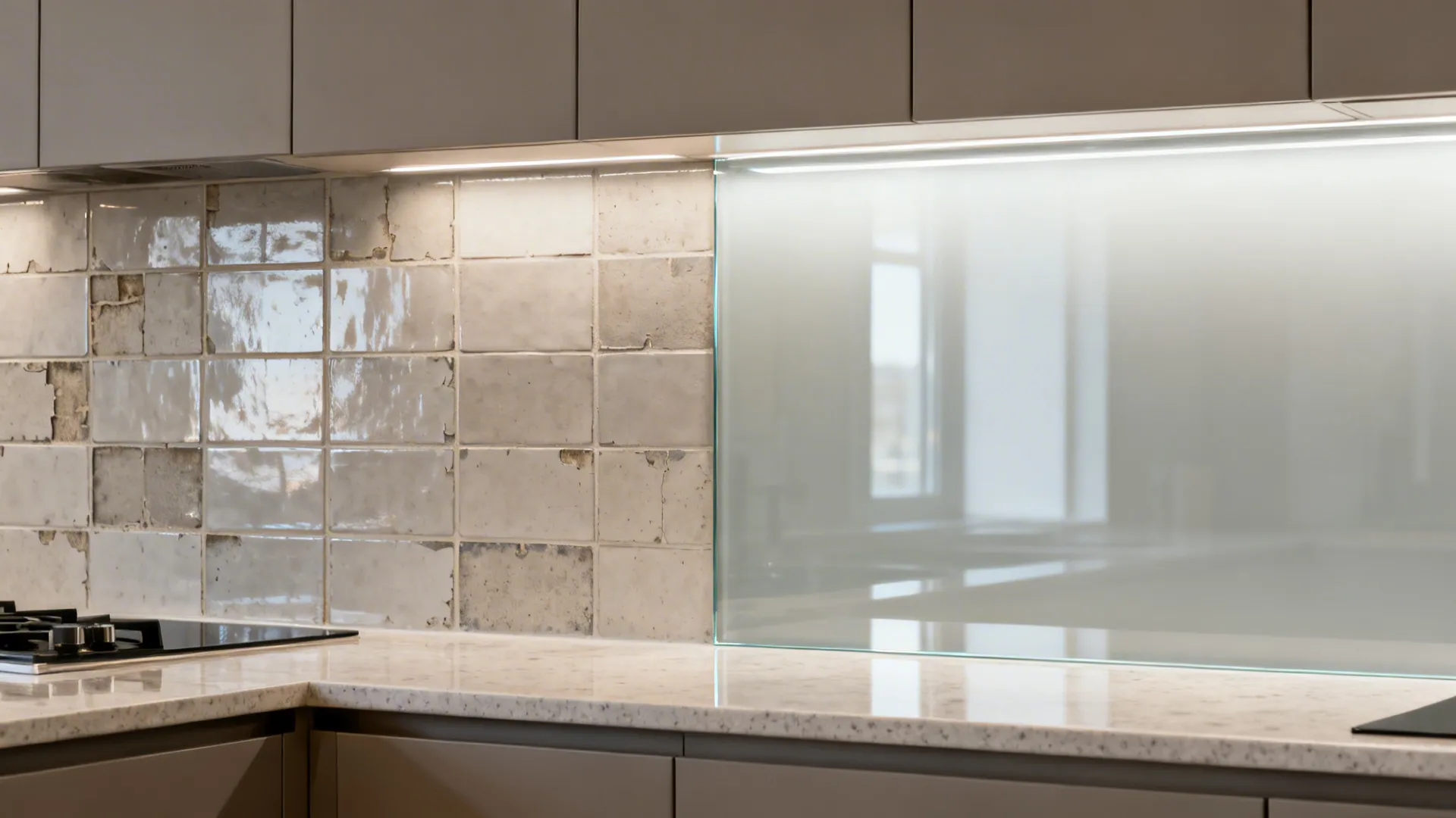 Before-and-after comparison showing tiled backsplash versus seamless glass panel with brighter reflections.