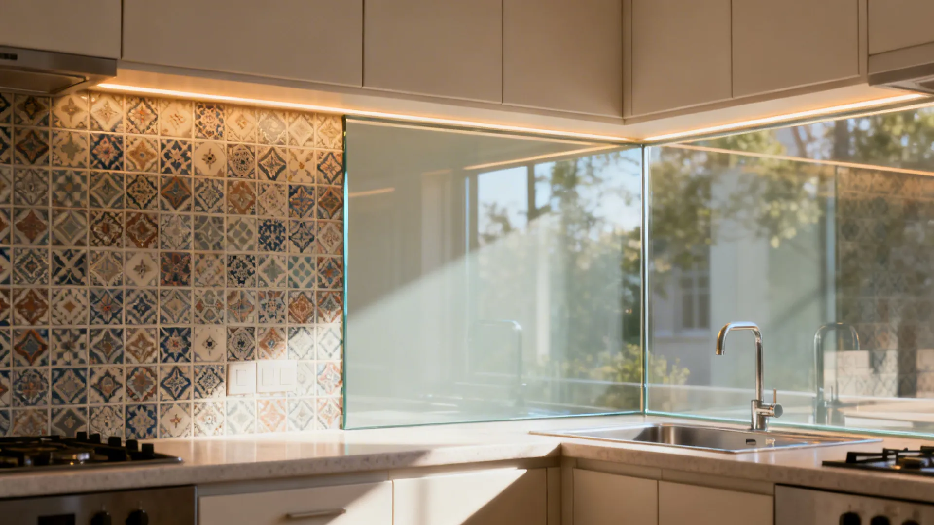 Split view showing patterned tile before and clear glass backsplash after, brightening a small kitchen.