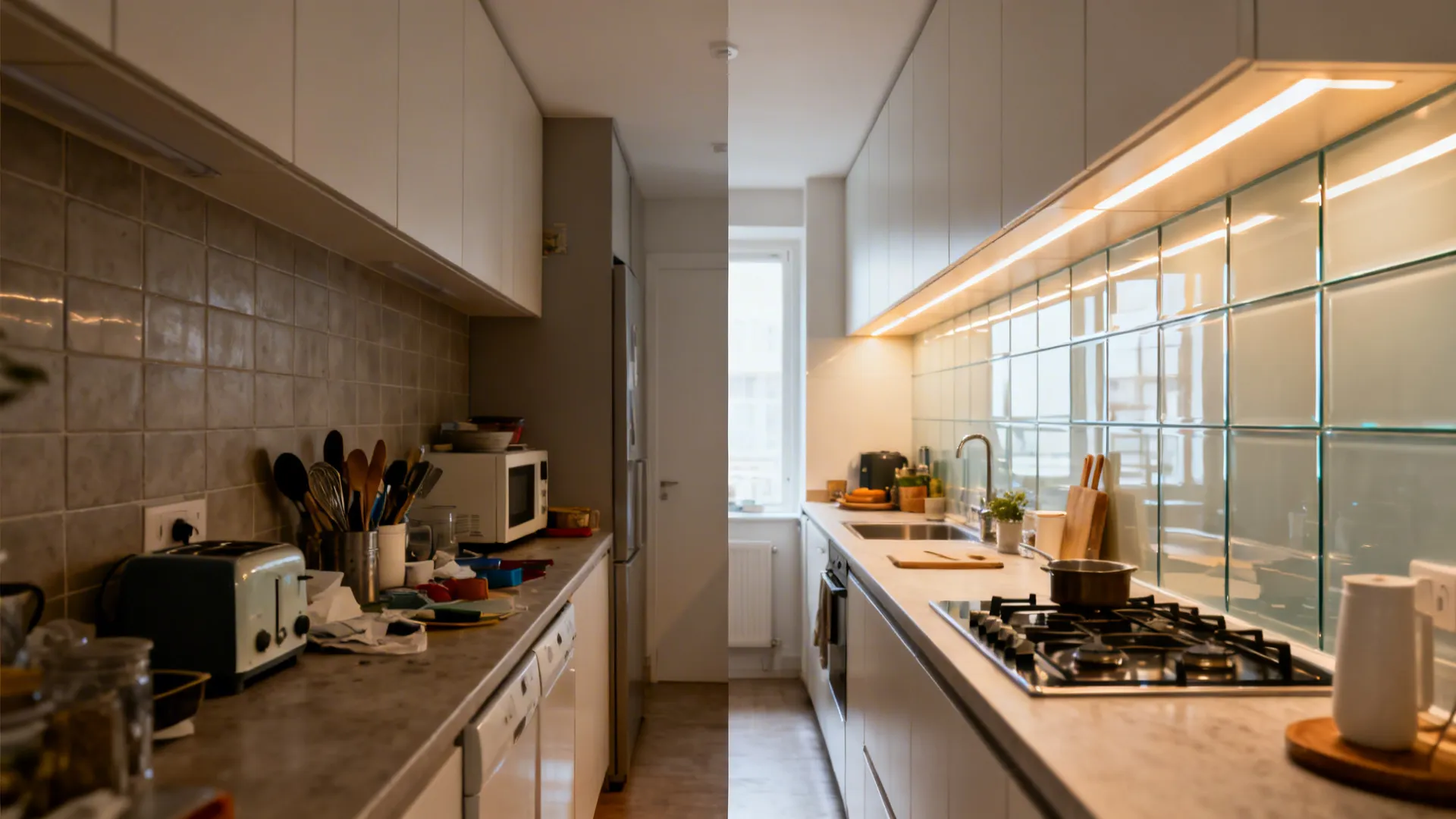 Before and after comparison of a messy dark kitchen versus a clean bright modern kitchen area