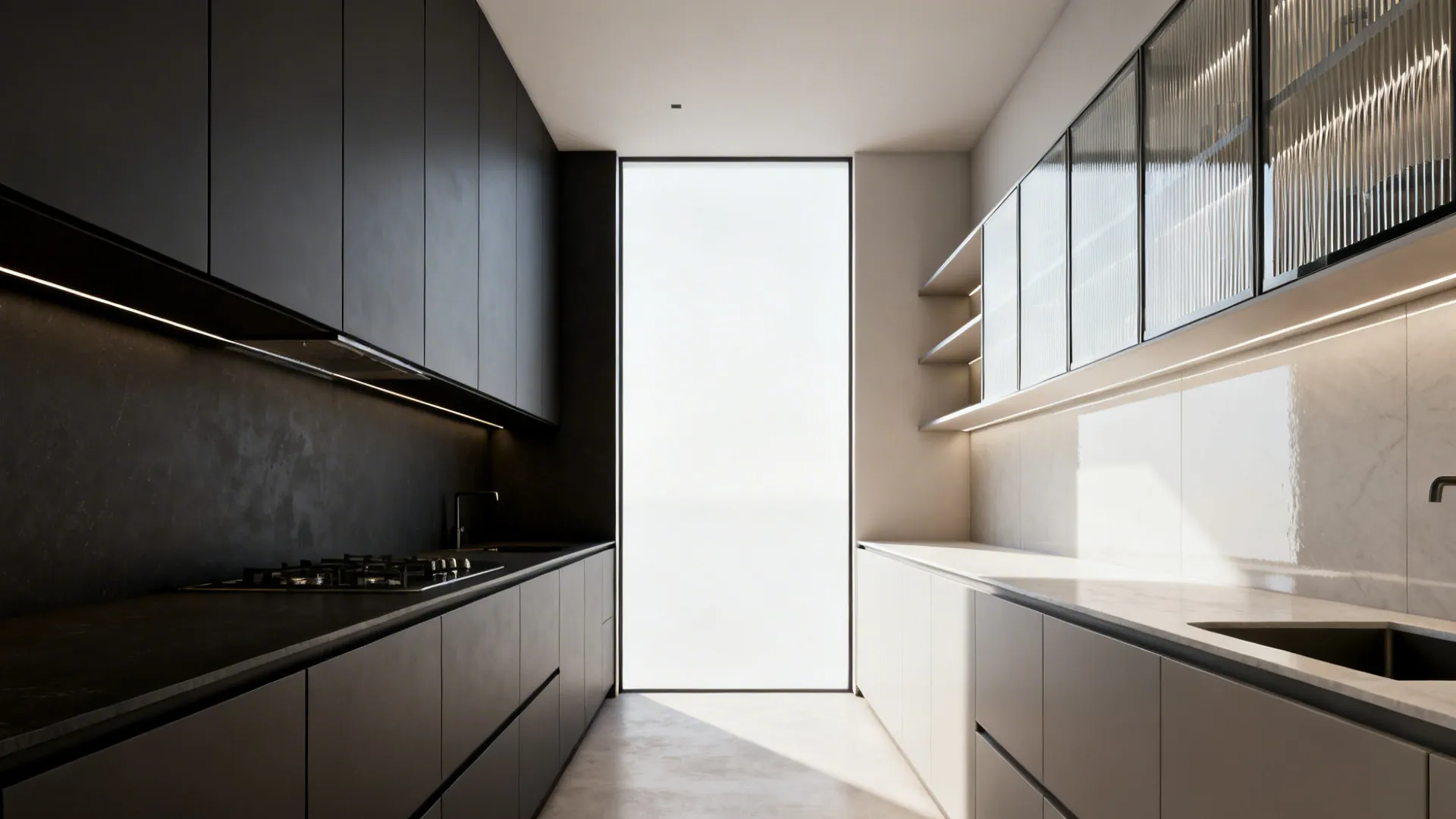 Before-and-after comparison showing bulky uppers replaced by ribbed-glass shelves and a glossy backsplash.