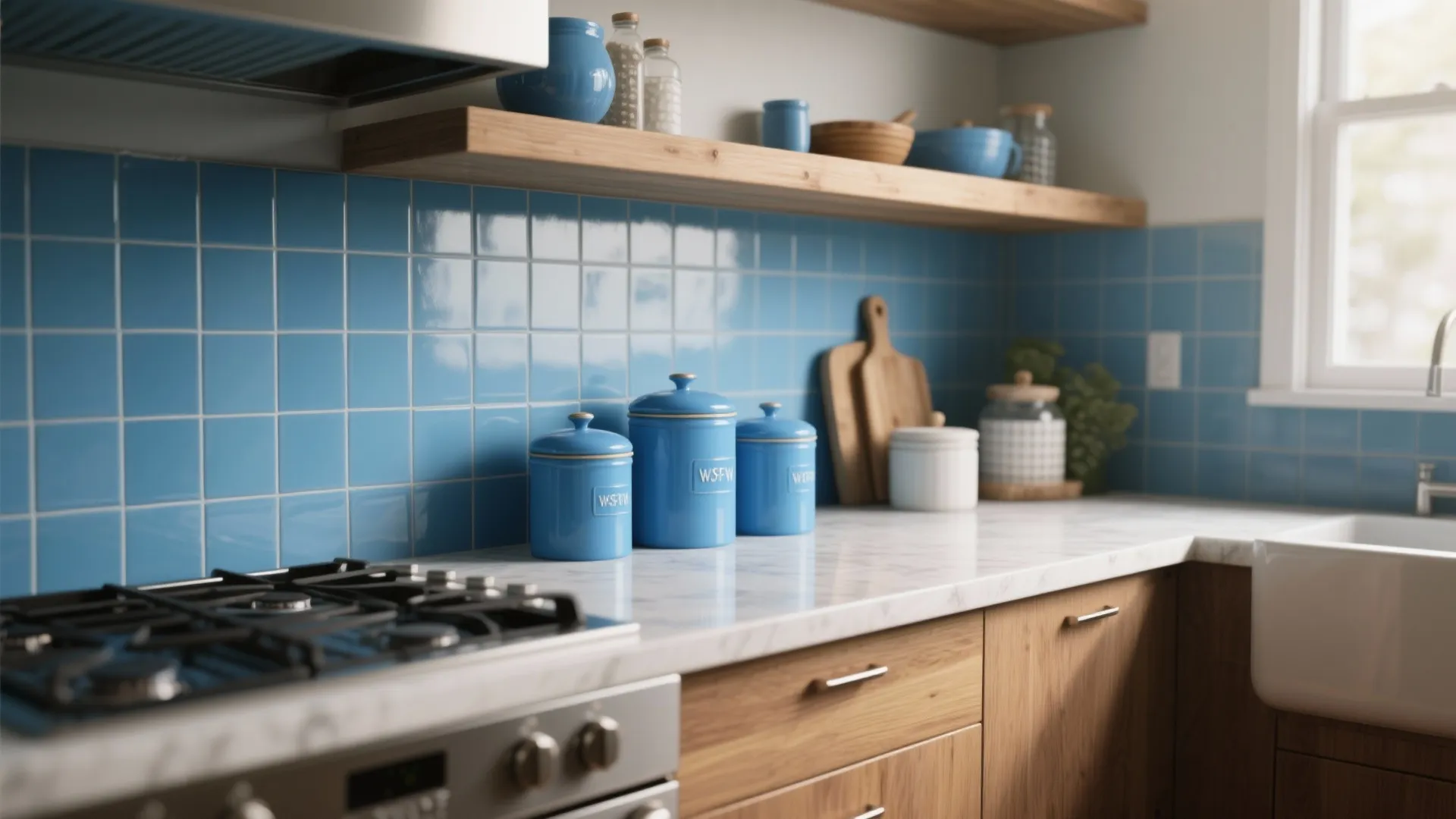 4. Coordinate Blue Canisters with Backsplash Accents