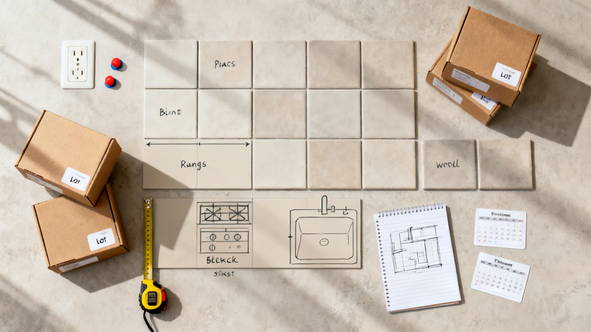 Top-down plan showing phased backsplash areas, tile boxes, tools, and timeline markers