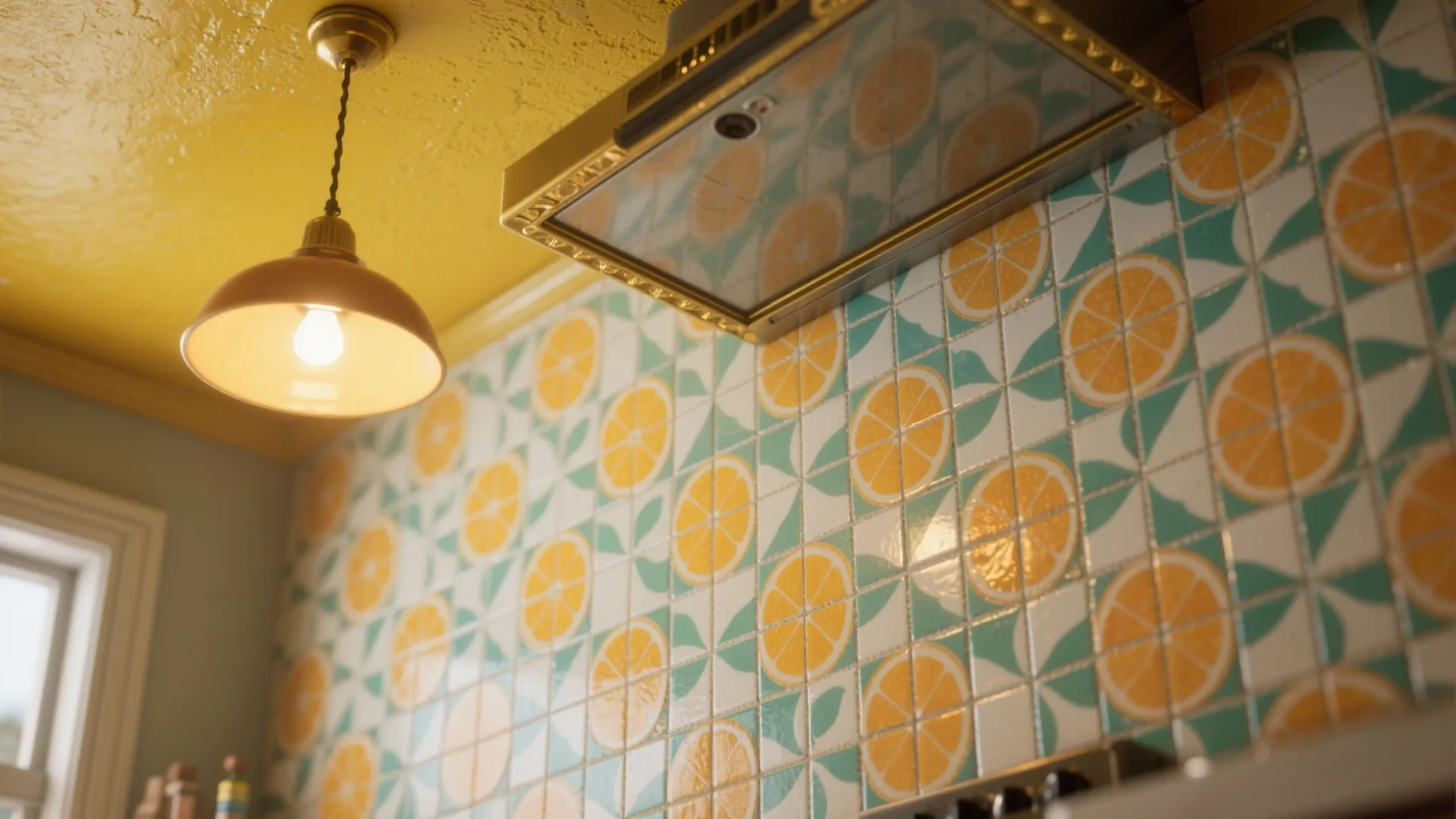 4. Graphic backsplash and painted ceiling